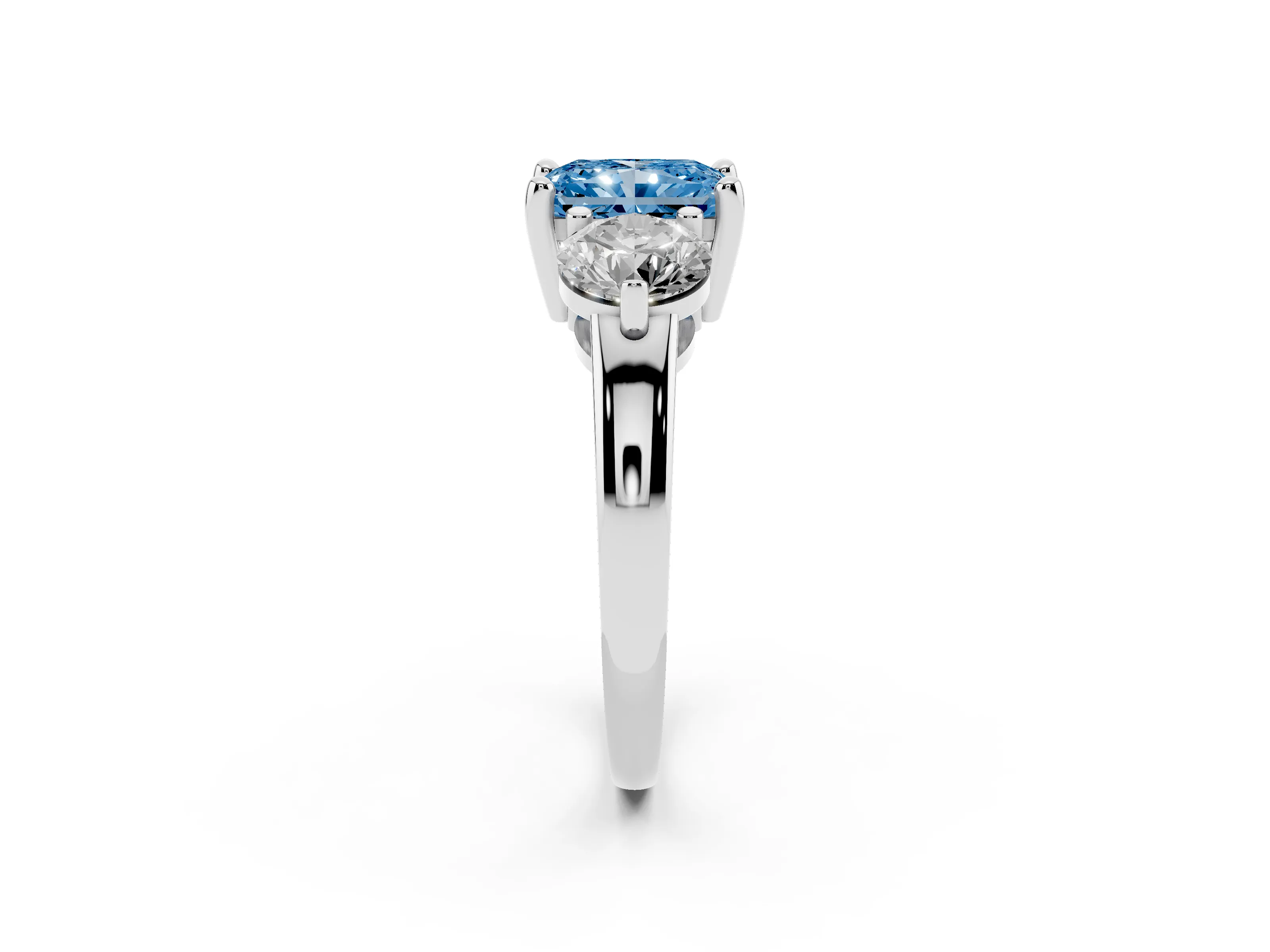 Fancy Blue Radiant Cut Diamond Three-Stone Ring Set in Silver with Prong Setting and Classic Band