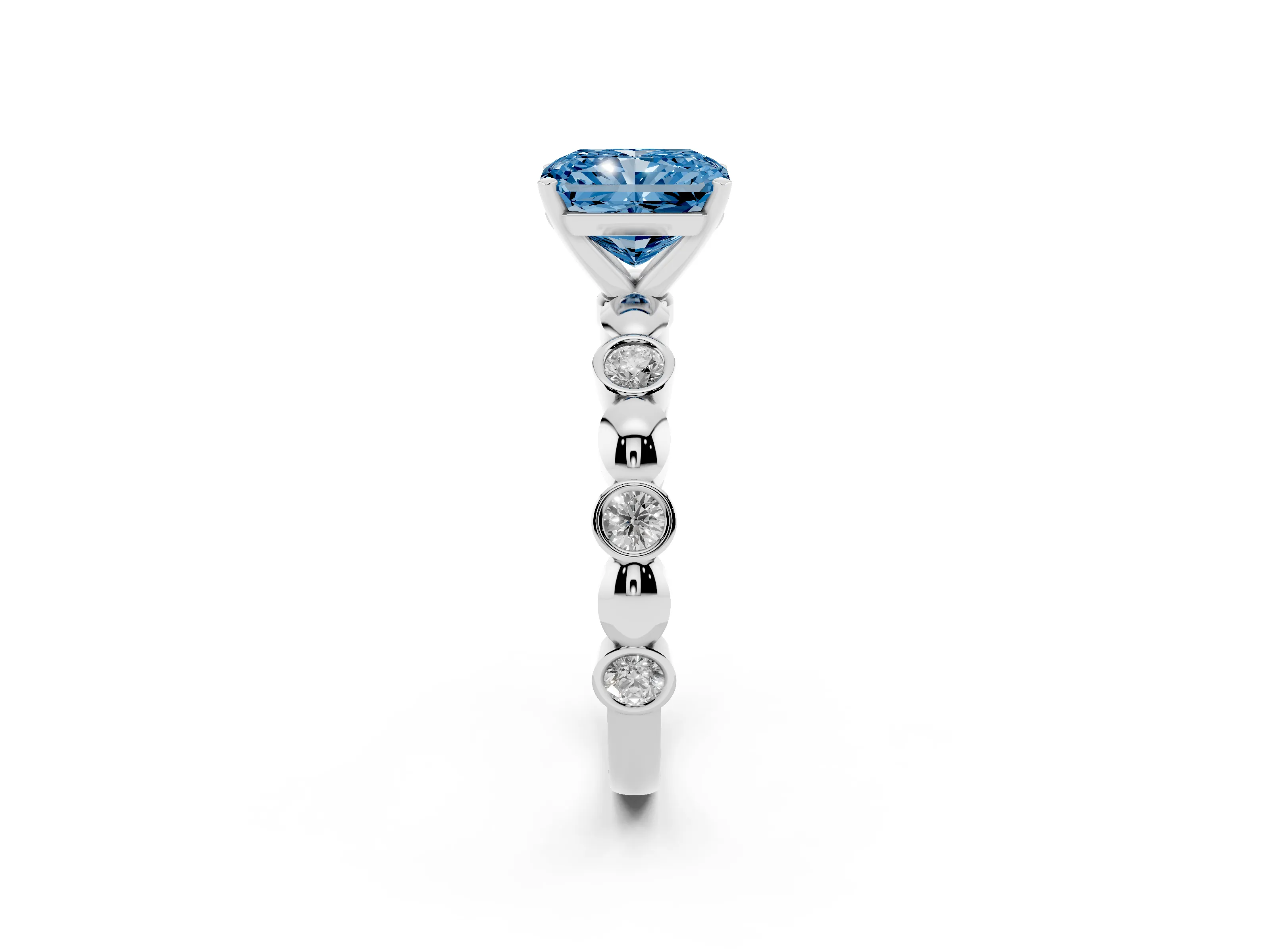 Fancy Blue Radiant Cut Diamond Solitaire Ring Set in White gold with Bezel-Set Accents on Beaded Band and Prong Setting