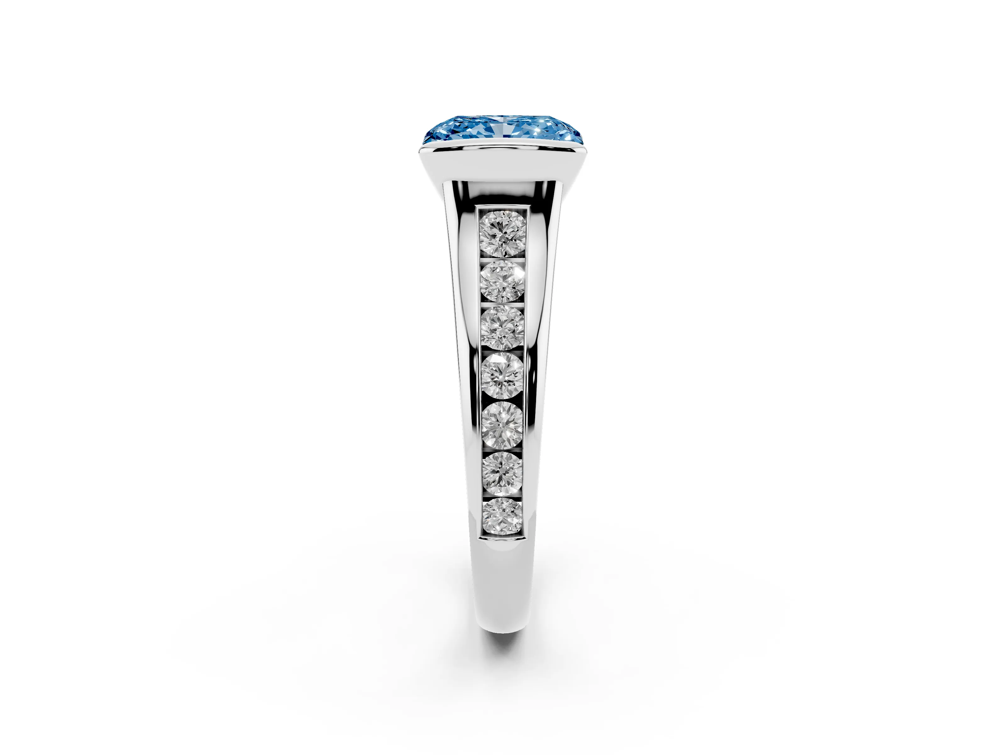 Fancy Blue Radiant Cut Diamond Bezel-Set Solitaire Ring Set in White gold with Channel-Set Band