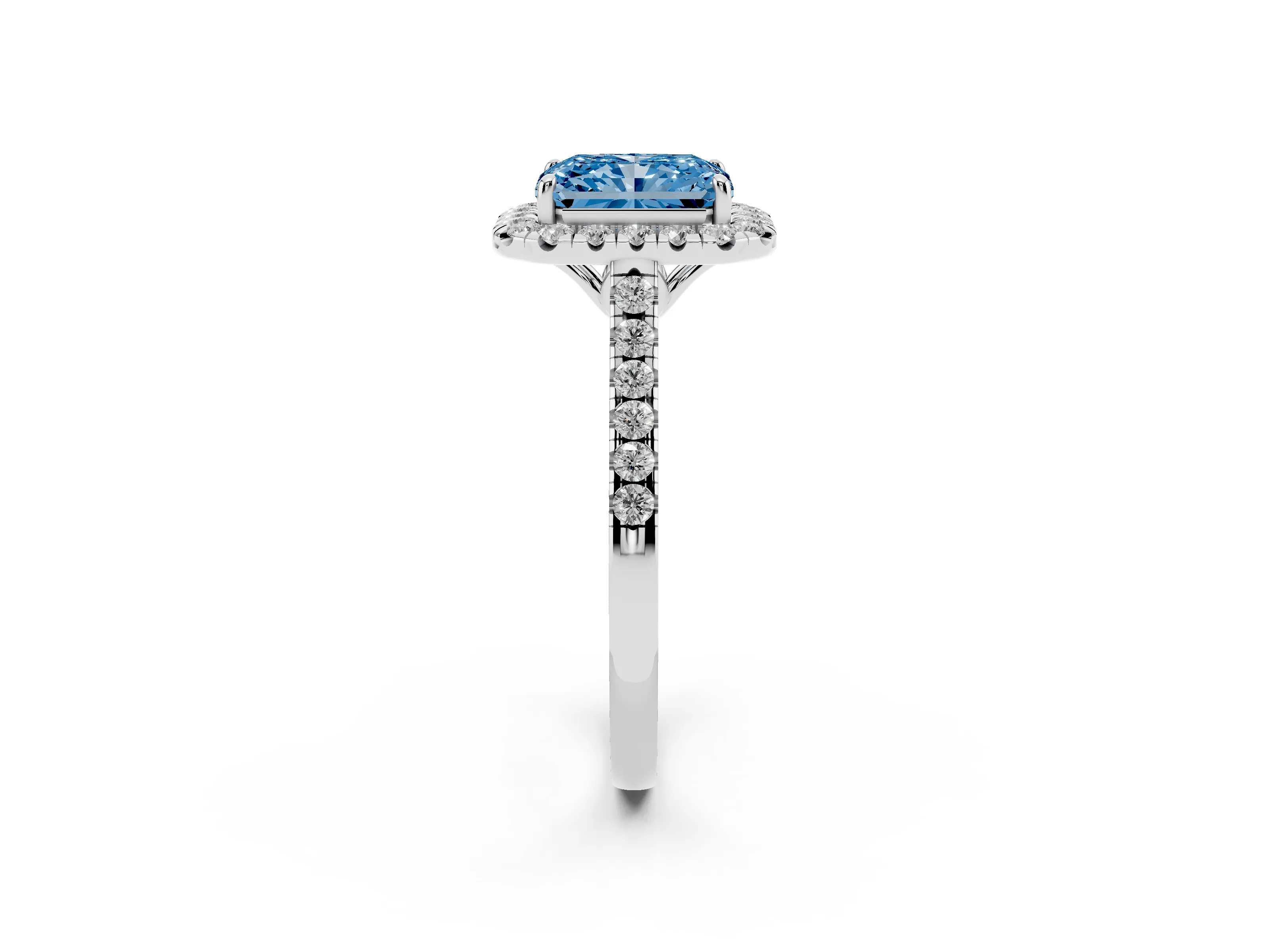 Fancy Blue Radiant Cut Diamond Pavé Halo Engagement Ring Set in White gold with Pavé Band and Prong Setting