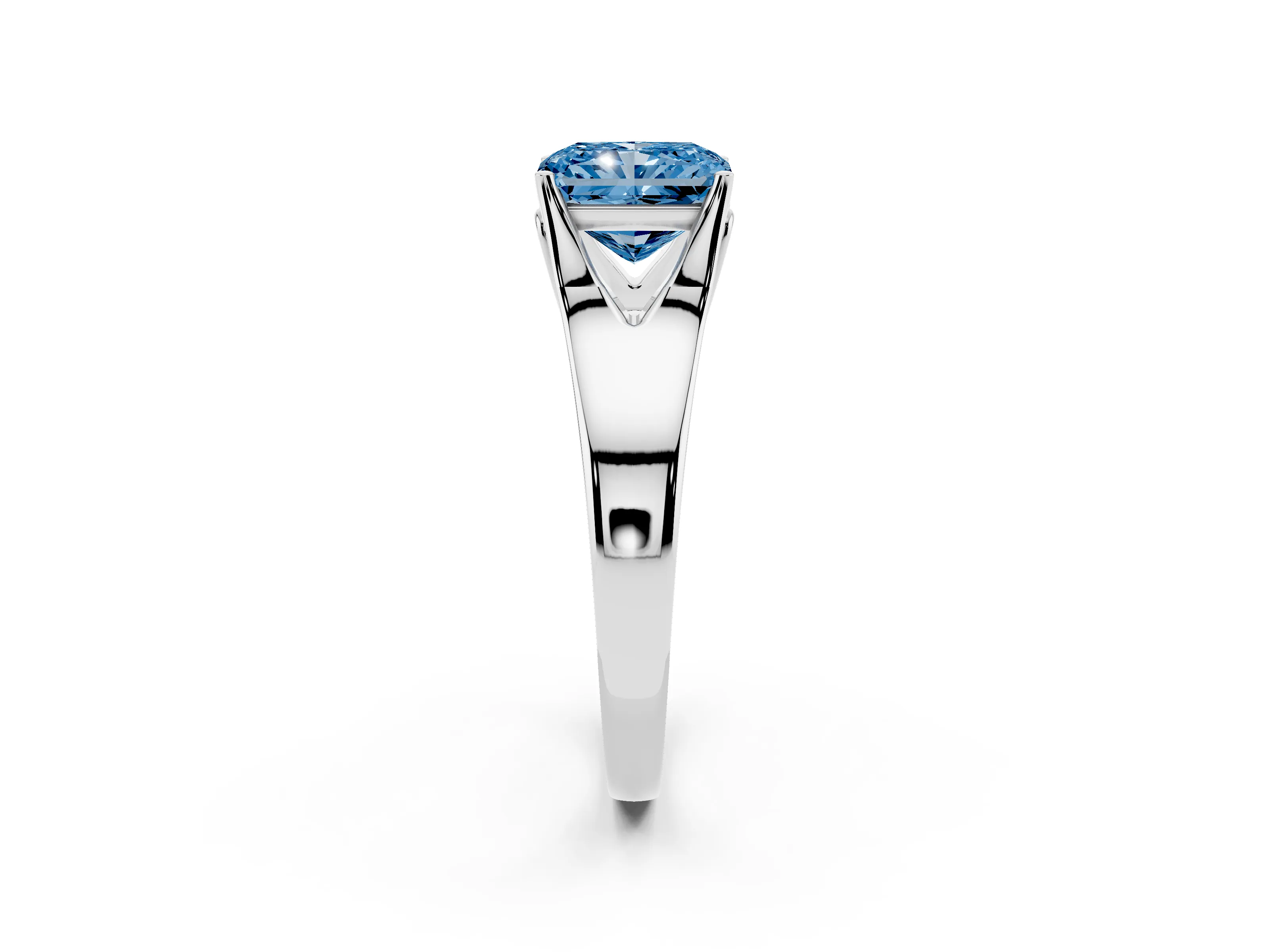 Fancy Blue Radiant Cut Diamond Solitaire Ring Set in Platinum with Arched Cathedral Band and Prong Setting