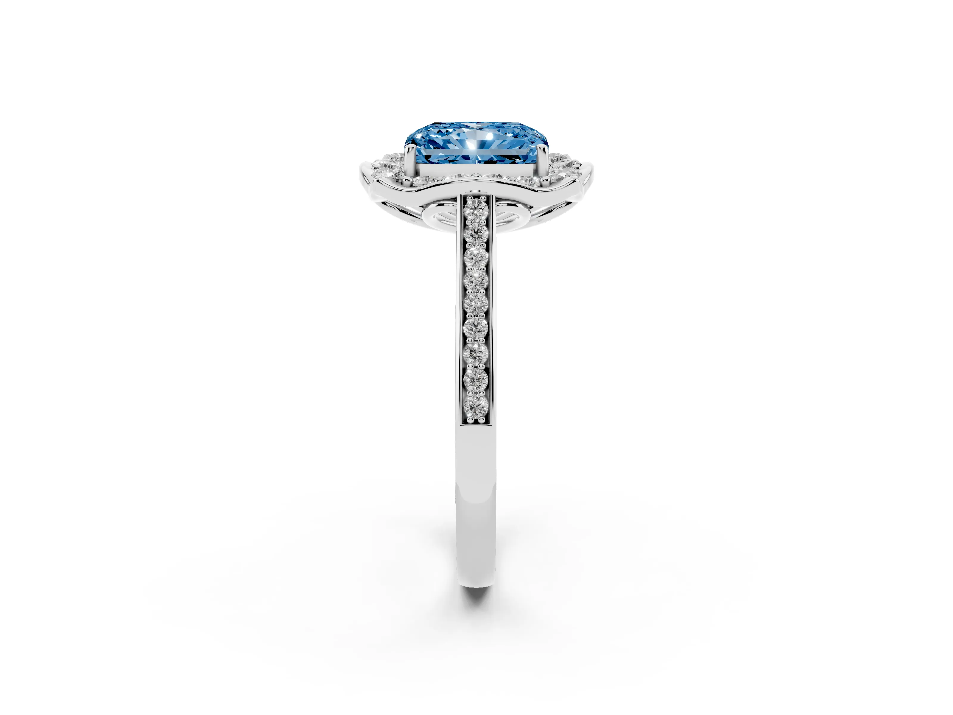 Fancy Blue Radiant Cut Diamond Halo Ring Set in Silver with Pavé-Lined Shoulders and Prong Setting