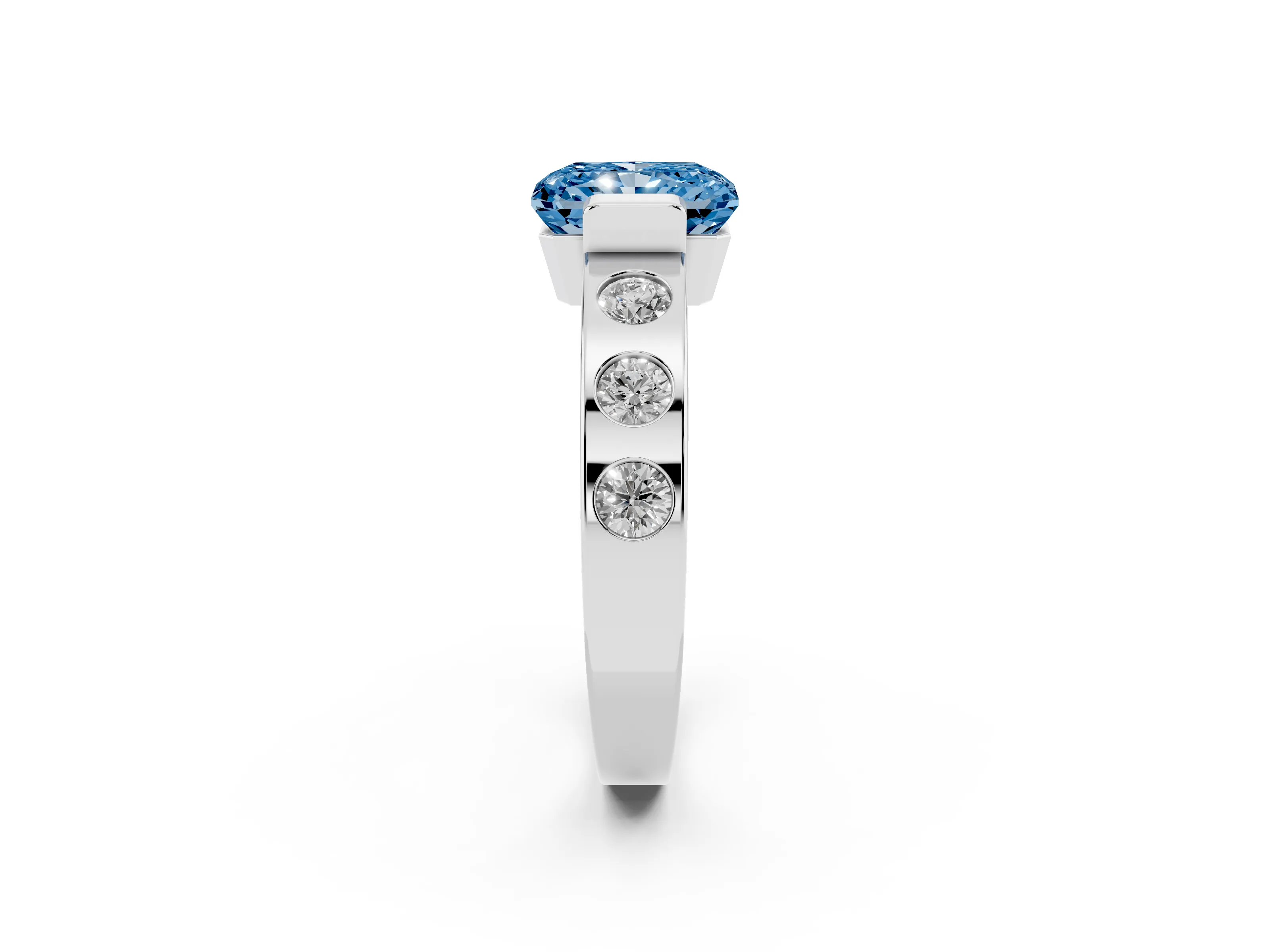 Fancy Blue Radiant Cut Diamond Channel-Set Band Ring Set in White gold with Bezel Prong Setting