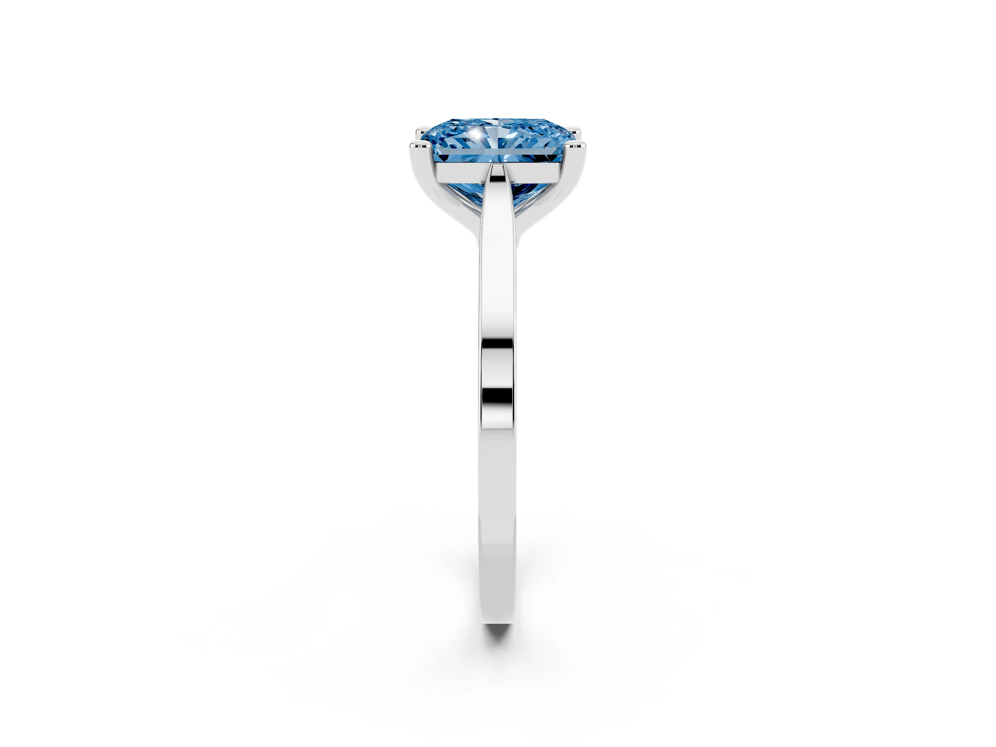 Fancy Blue Radiant Cut Diamond Solitaire Ring Set in White gold with Prong Setting and Tapered Band
