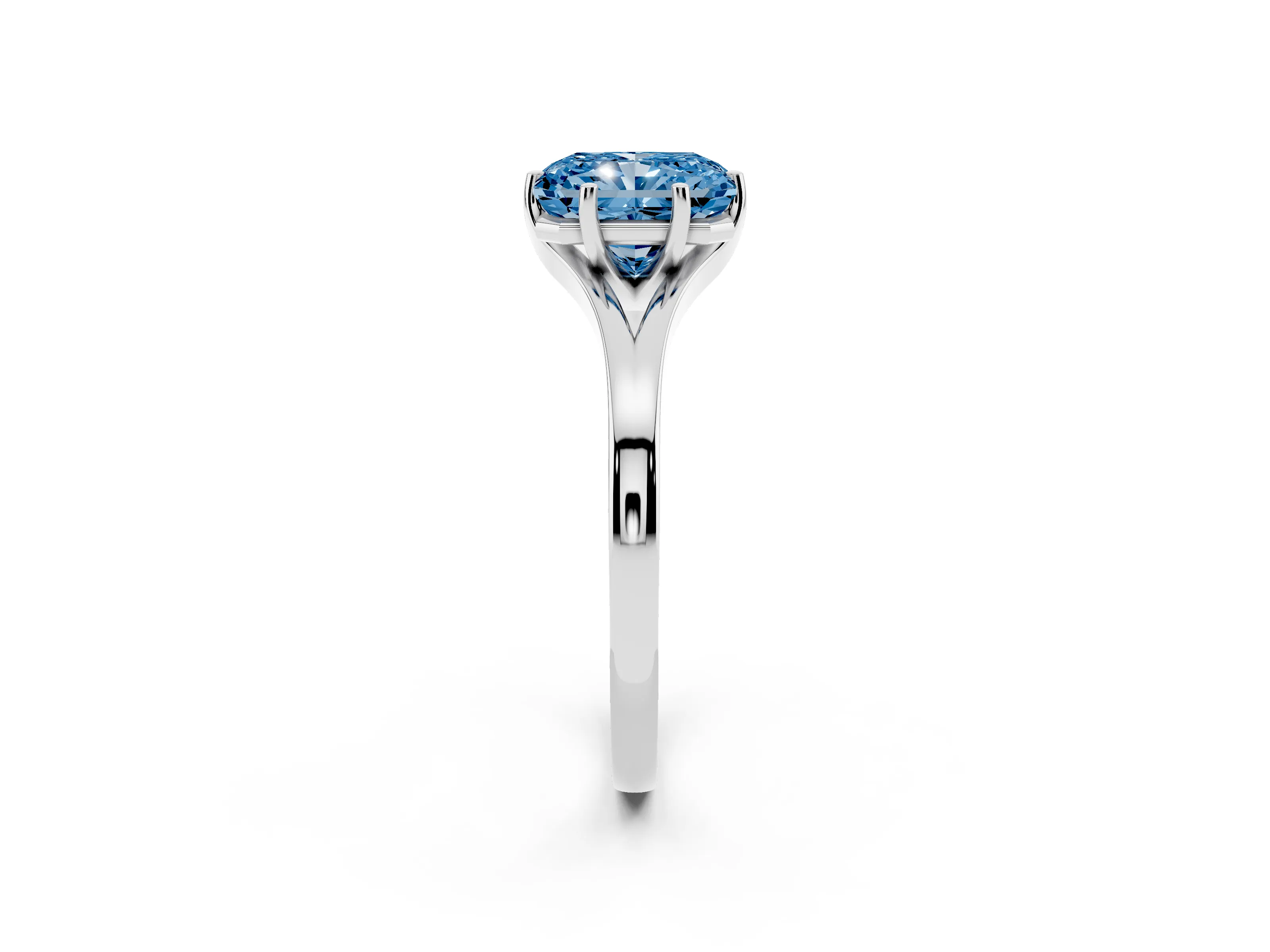 Fancy Blue Radiant Cut Diamond Solitaire Ring Set in White gold with Polished Tapered Band and Prong Setting