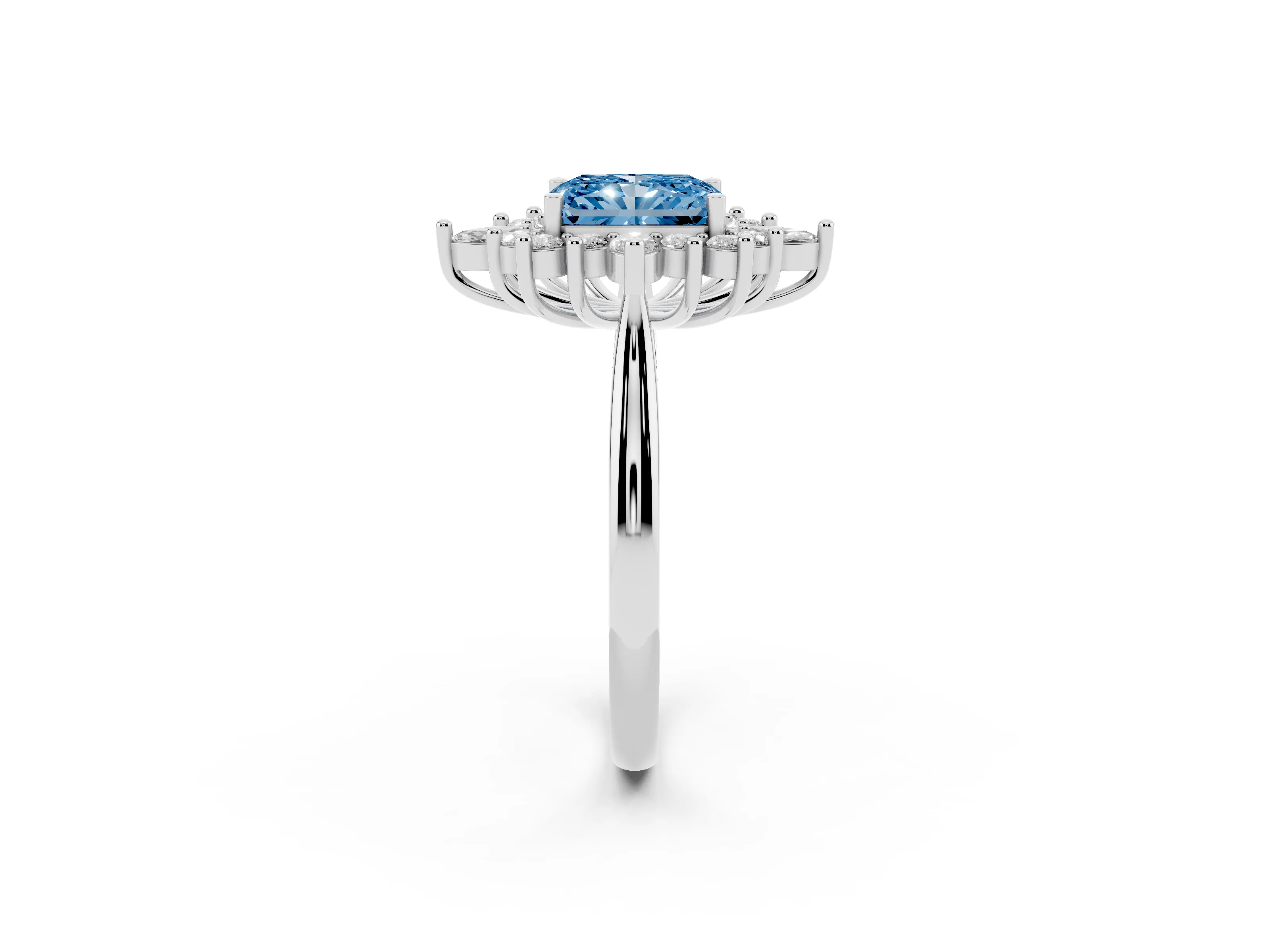 Fancy Blue Radiant Cut Diamond Cluster Halo Ring Set in Platinum with Marquise and Round Accents