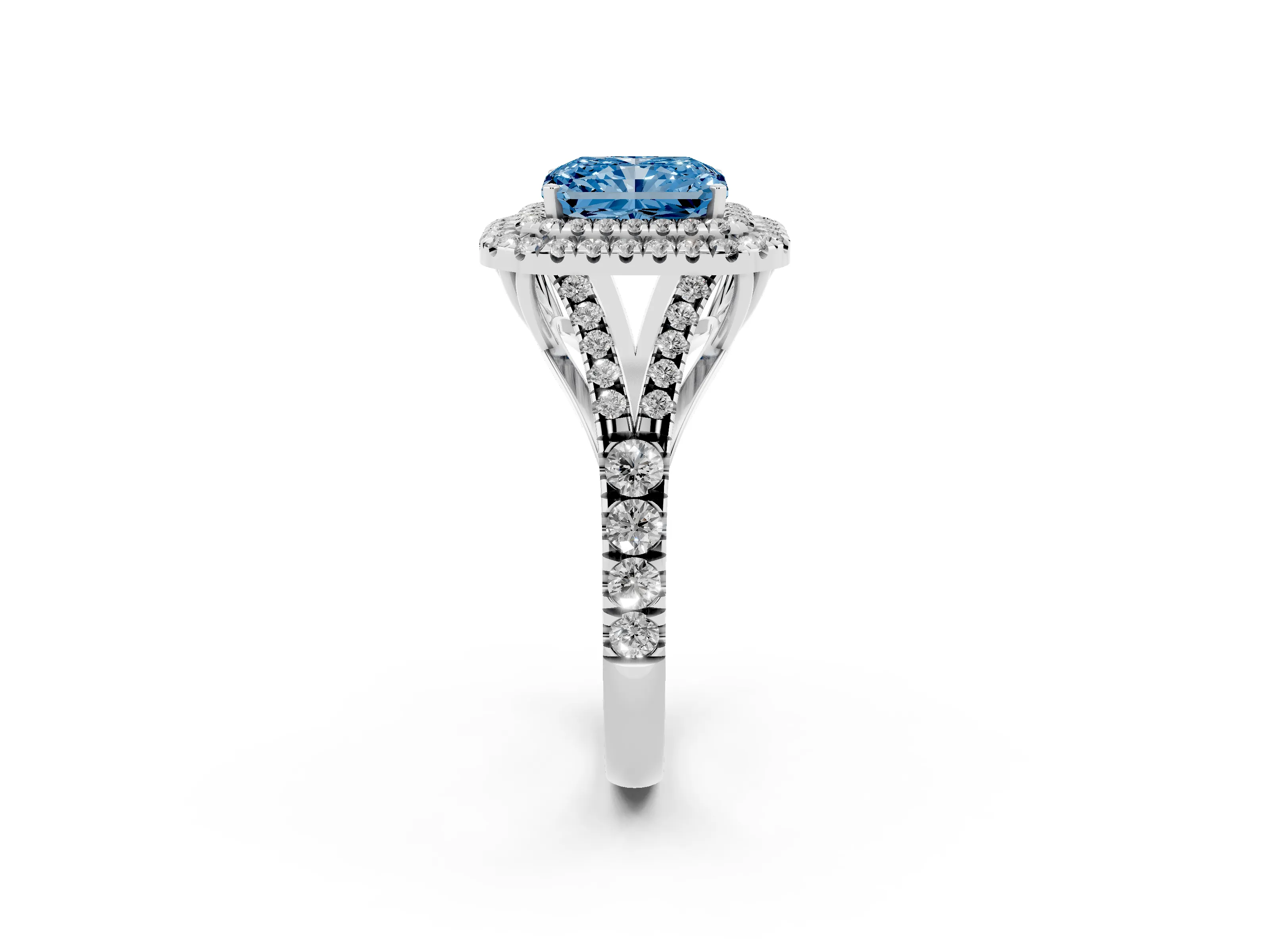 Fancy Blue Radiant Cut Diamond Pavé Split Shank Double Halo Engagement Ring Set in Silver