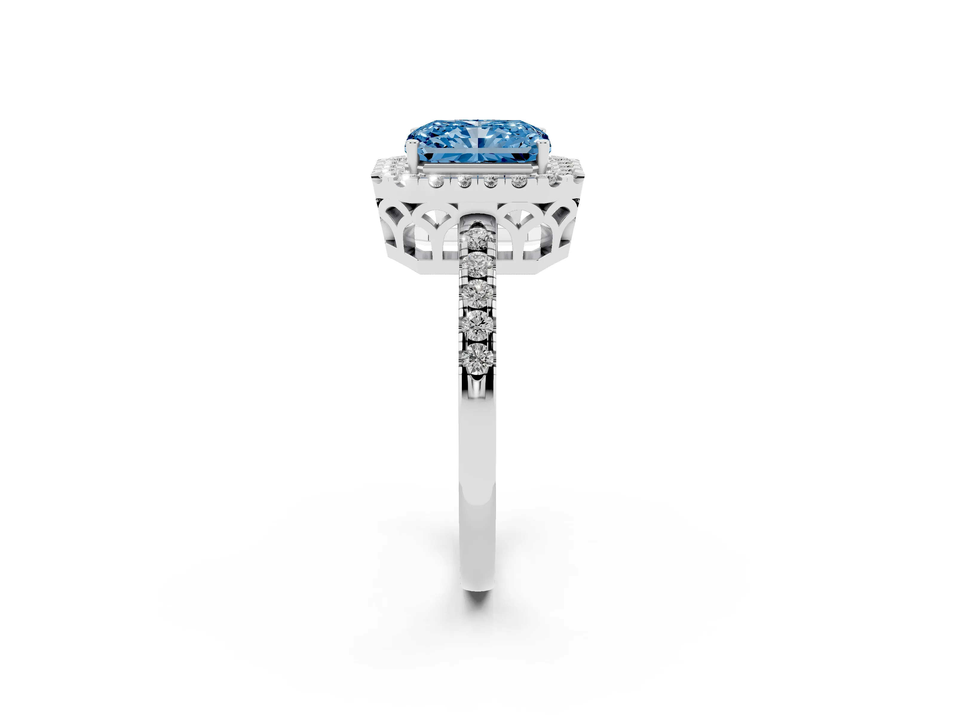 Fancy Blue Radiant Cut Diamond Pavé Band Halo Engagement Ring Set in Platinum with Prong Setting