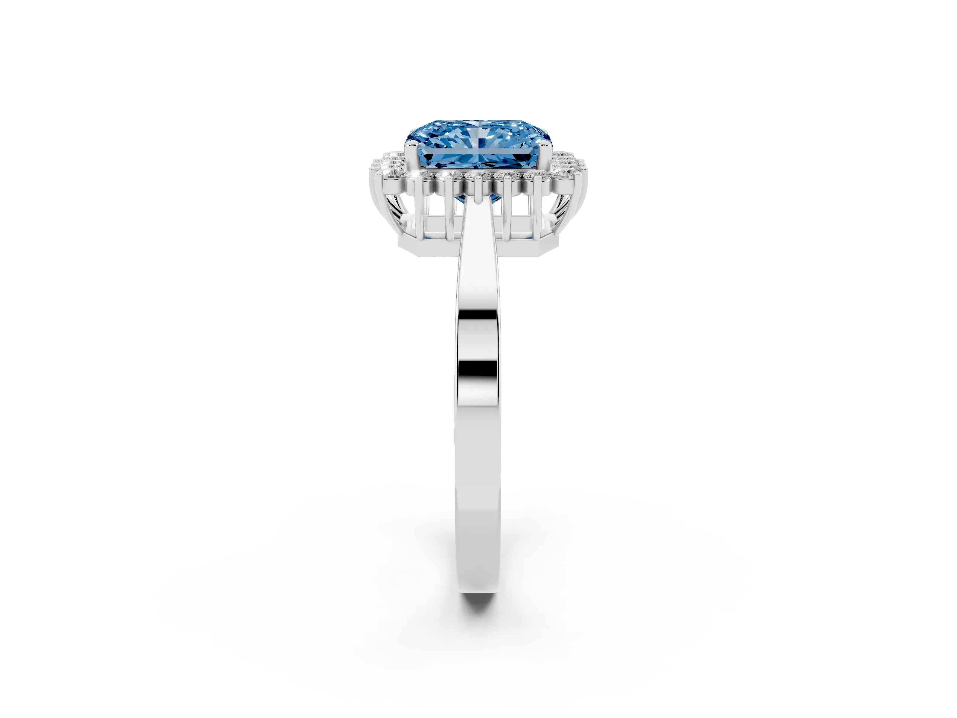 Fancy Blue Radiant Cut Diamond Halo Ring Set in White gold with Round Halo and Smooth Solitaire Band