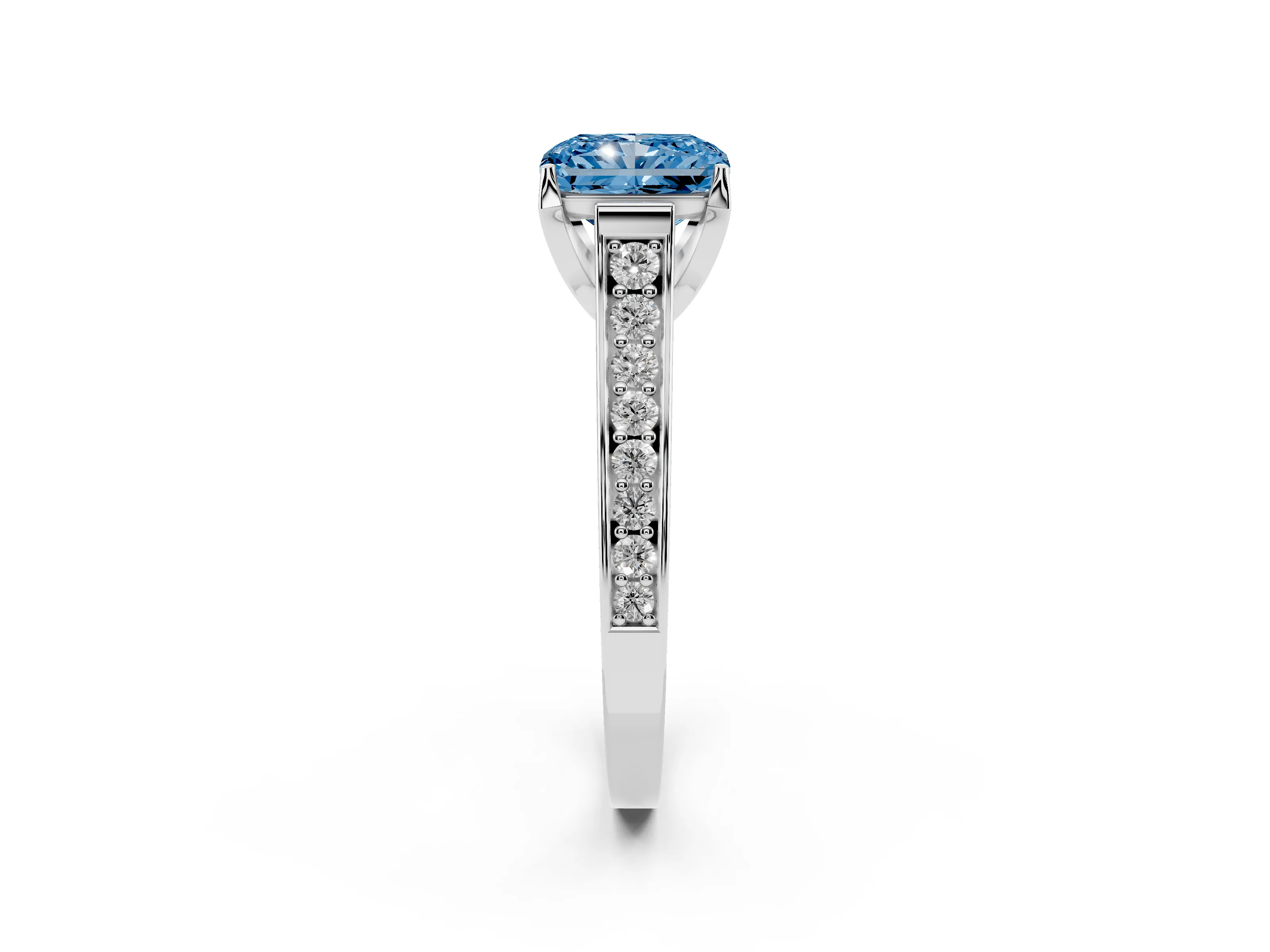 Fancy Blue Radiant Cut Diamond Solitaire Pavé Engagement Ring Set in Platinum with Prong Setting