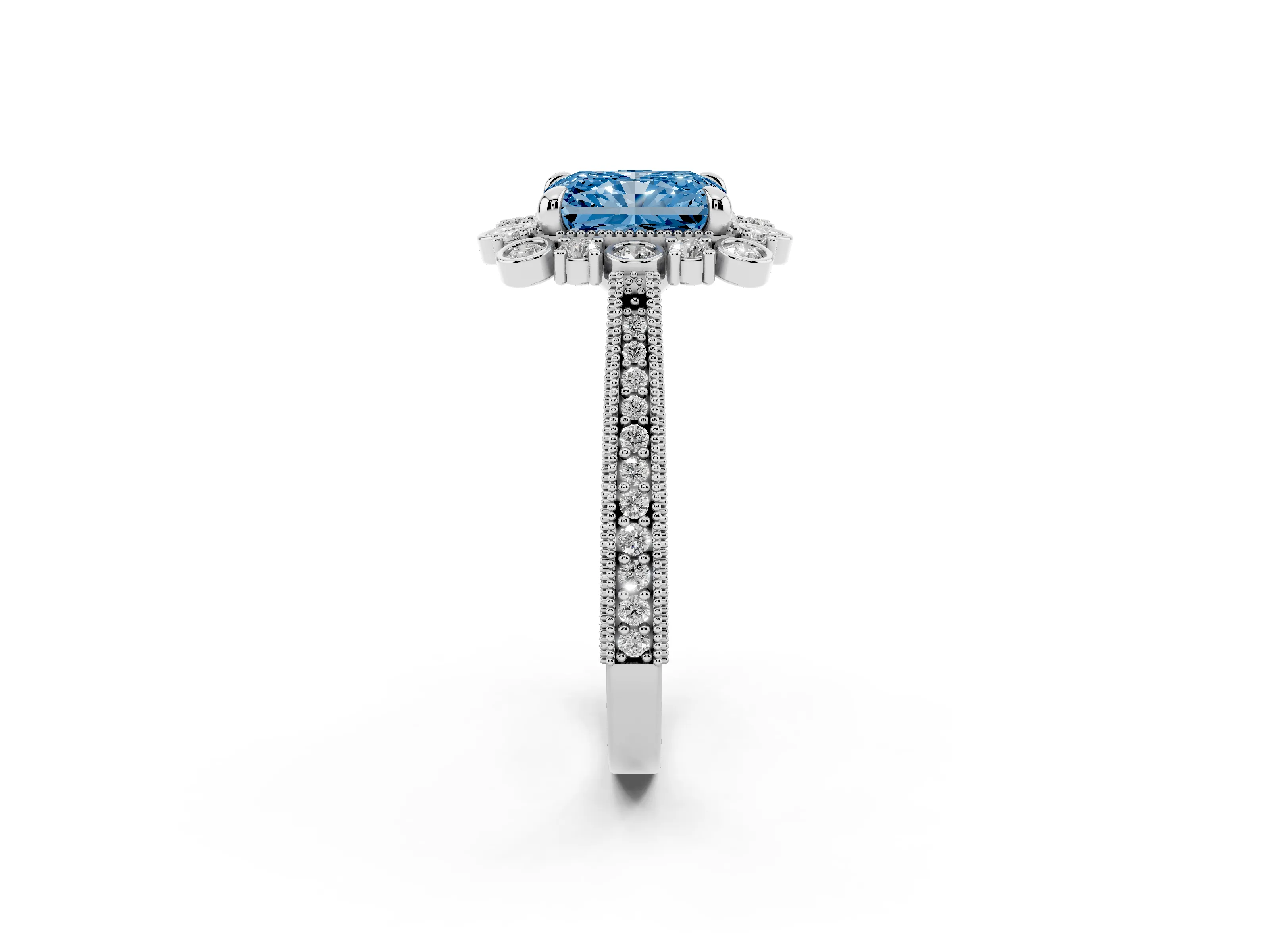 Fancy Blue Radiant Cut Diamond Halo Milgrain Pavé Ring Set in White gold with Prong Setting