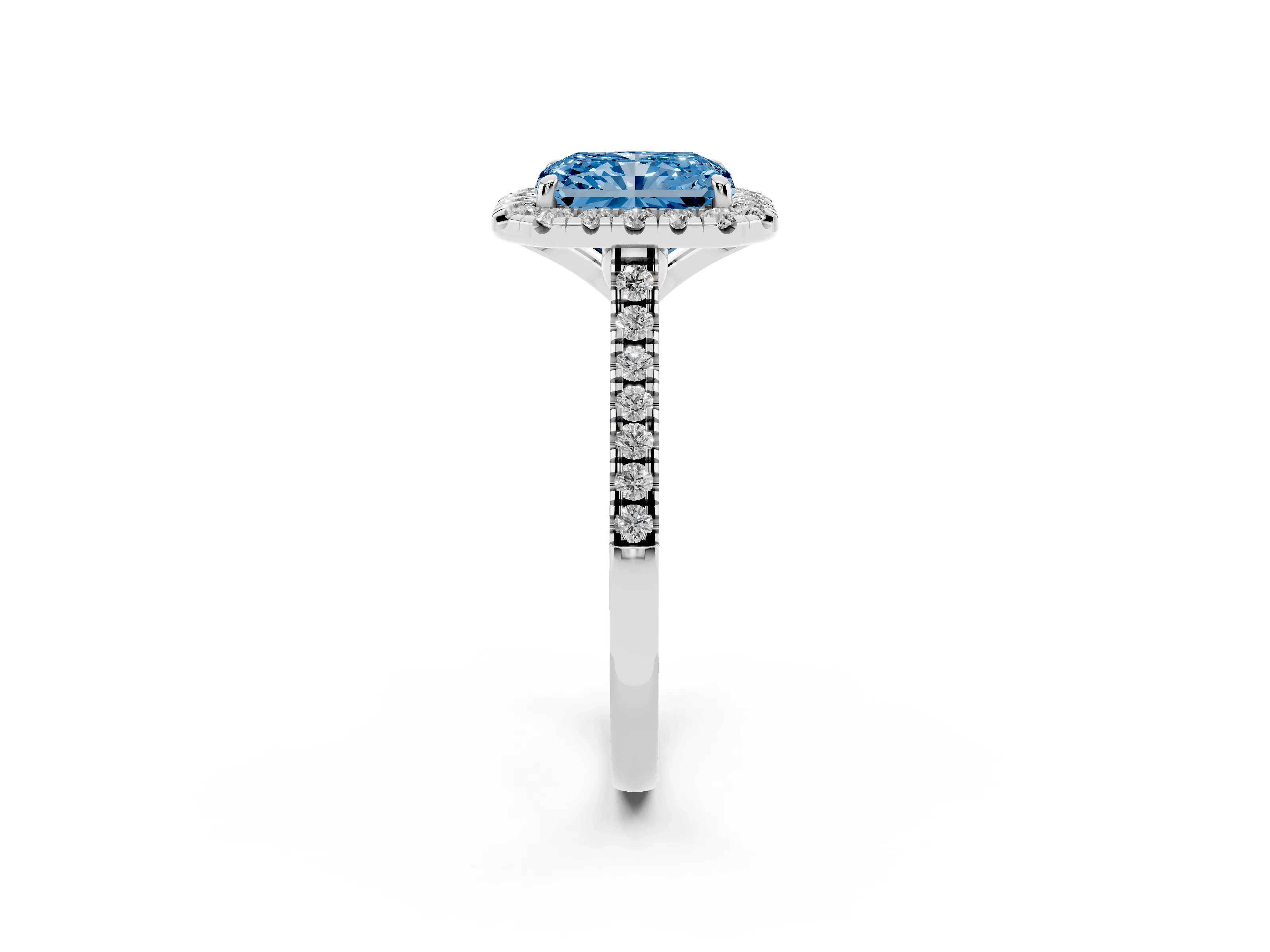 Fancy Blue Radiant Cut Diamond Cushion Halo Ring Set in White gold with Pavé Band
