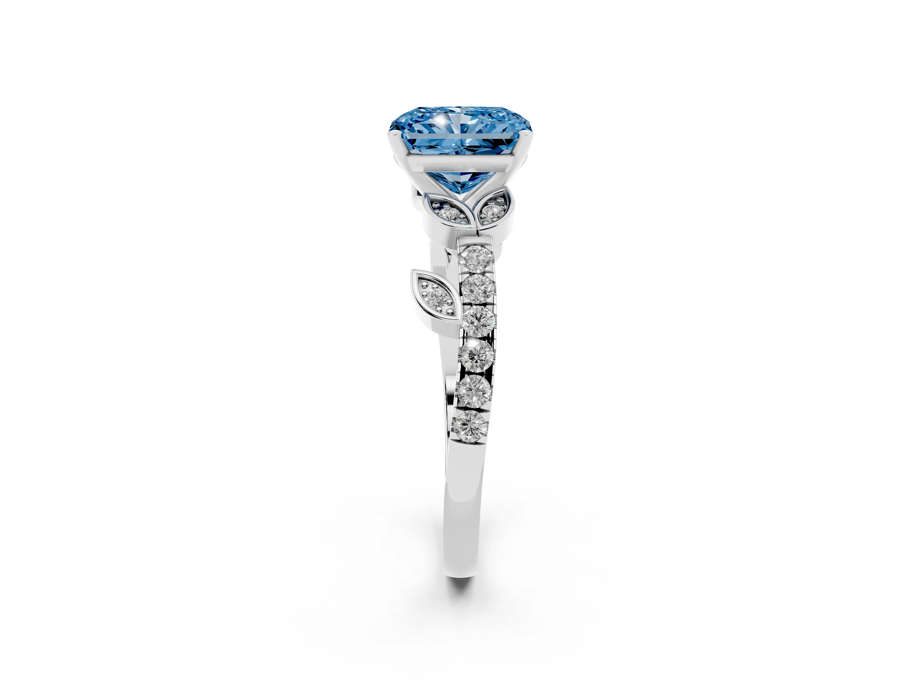 Fancy Blue Radiant Cut Diamond Solitaire Leaf-Inspired Ring Set in Silver with Pavé Band and Prong Setting