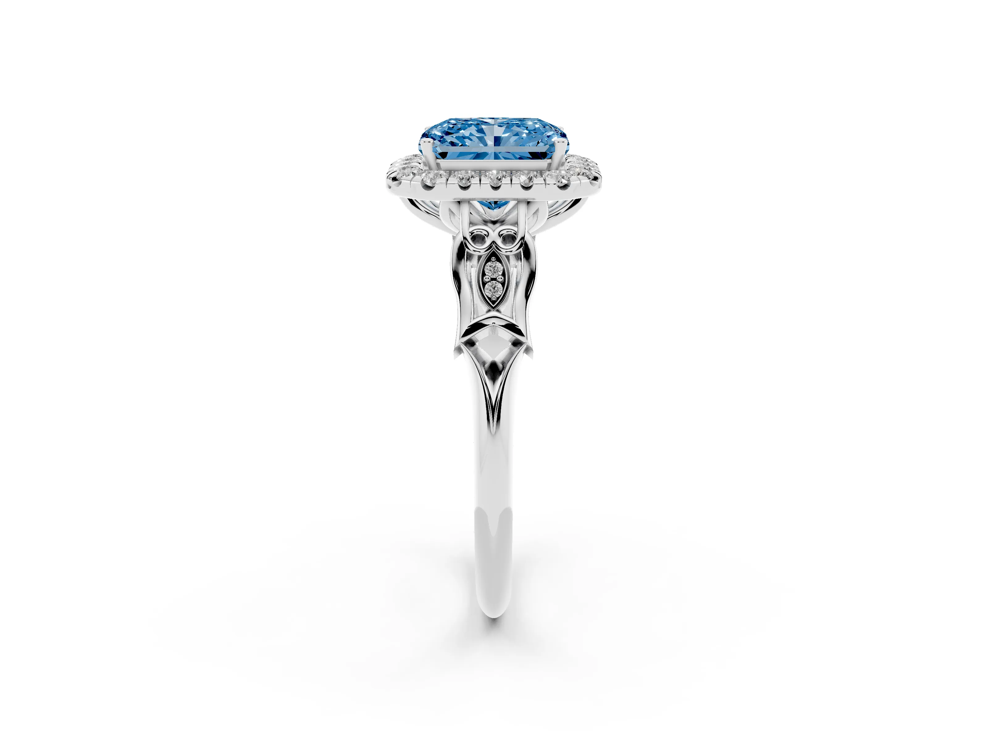 Fancy Blue Radiant Cut Diamond Halo Engagement Ring Set in White gold with Filigree Band and Prong-Set Center