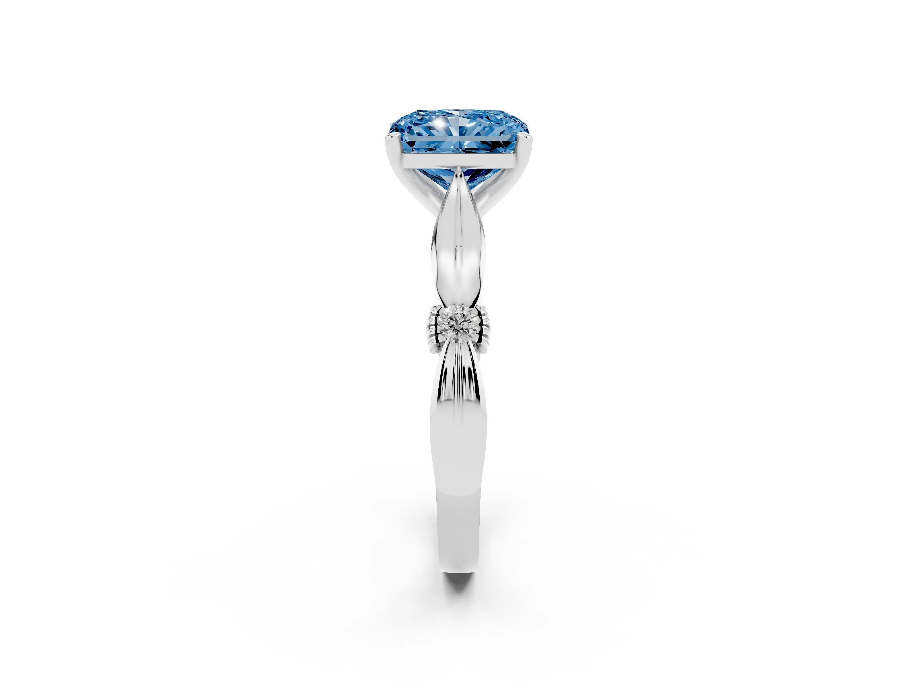Fancy Blue Radiant Cut Diamond Solitaire Twisted Band Ring Set in Platinum with Accent Stones and Prong Setting
