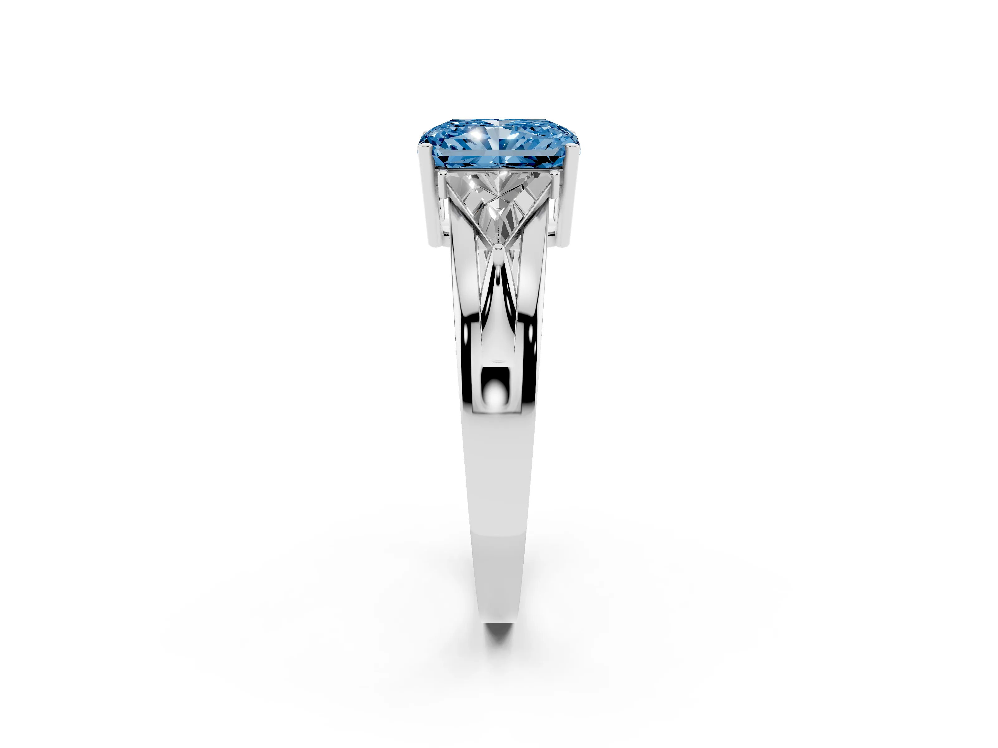 Fancy Blue Radiant Cut Diamond Three-Stone Ring Set in Silver with Trillion Side Stones and Split Shank