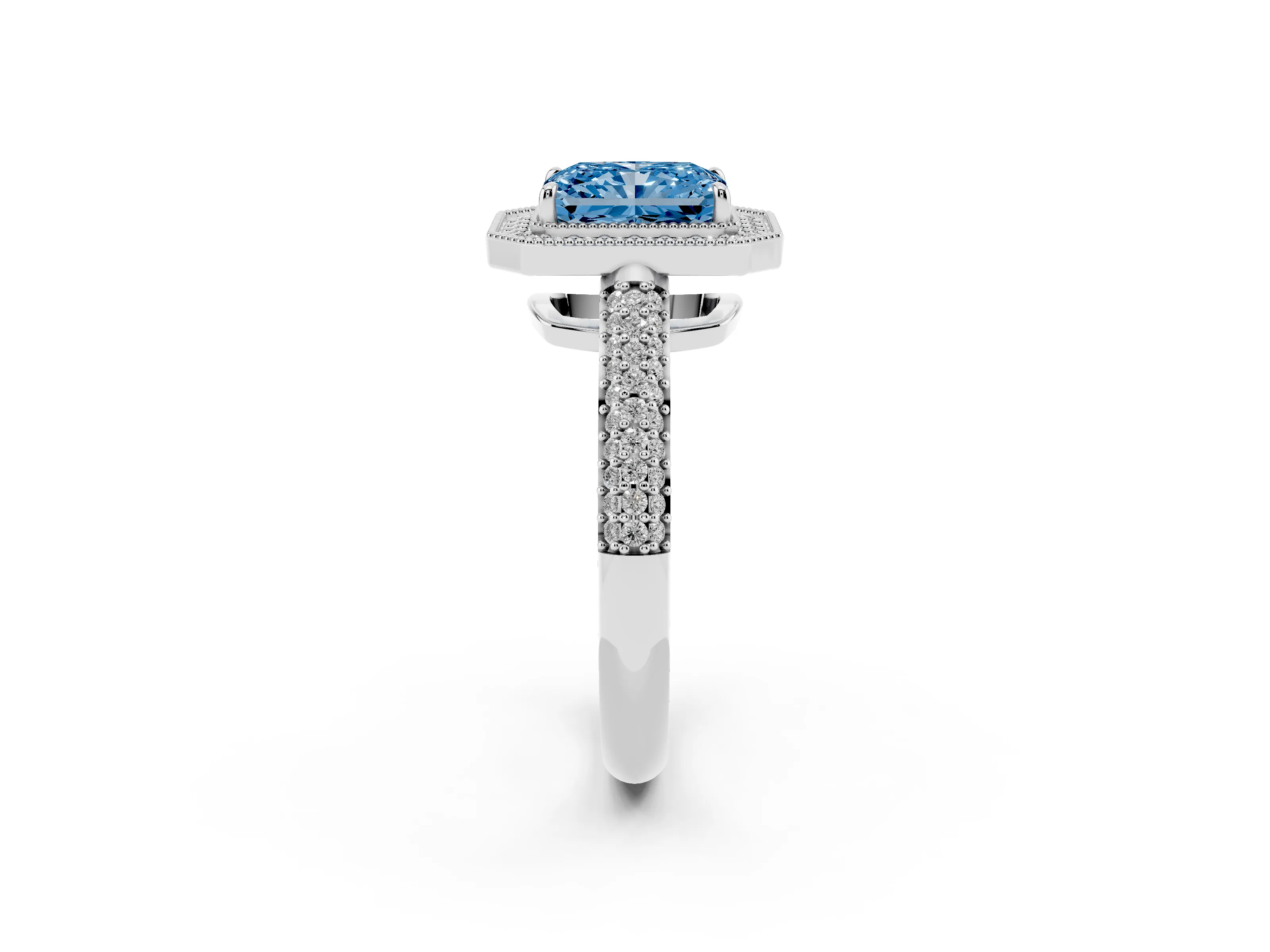 Fancy Blue Radiant Cut Diamond Halo Pavé Band Set in White gold with Prong Setting