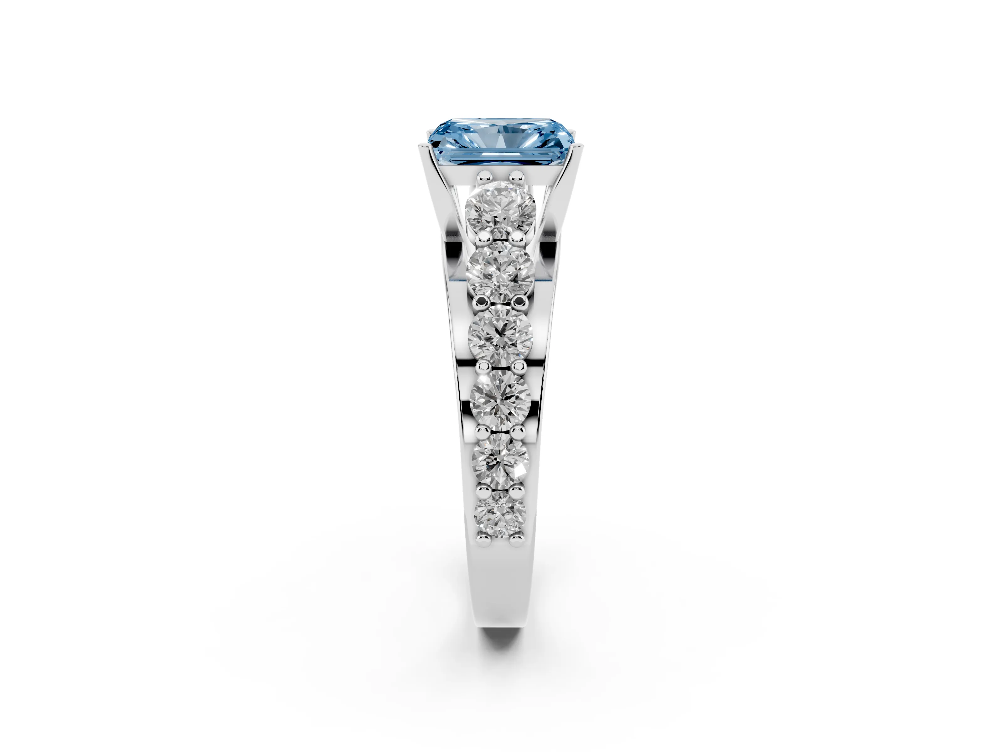 Fancy Blue Radiant Cut Diamond Pavé Engagement Ring Set in Silver with Prong Setting