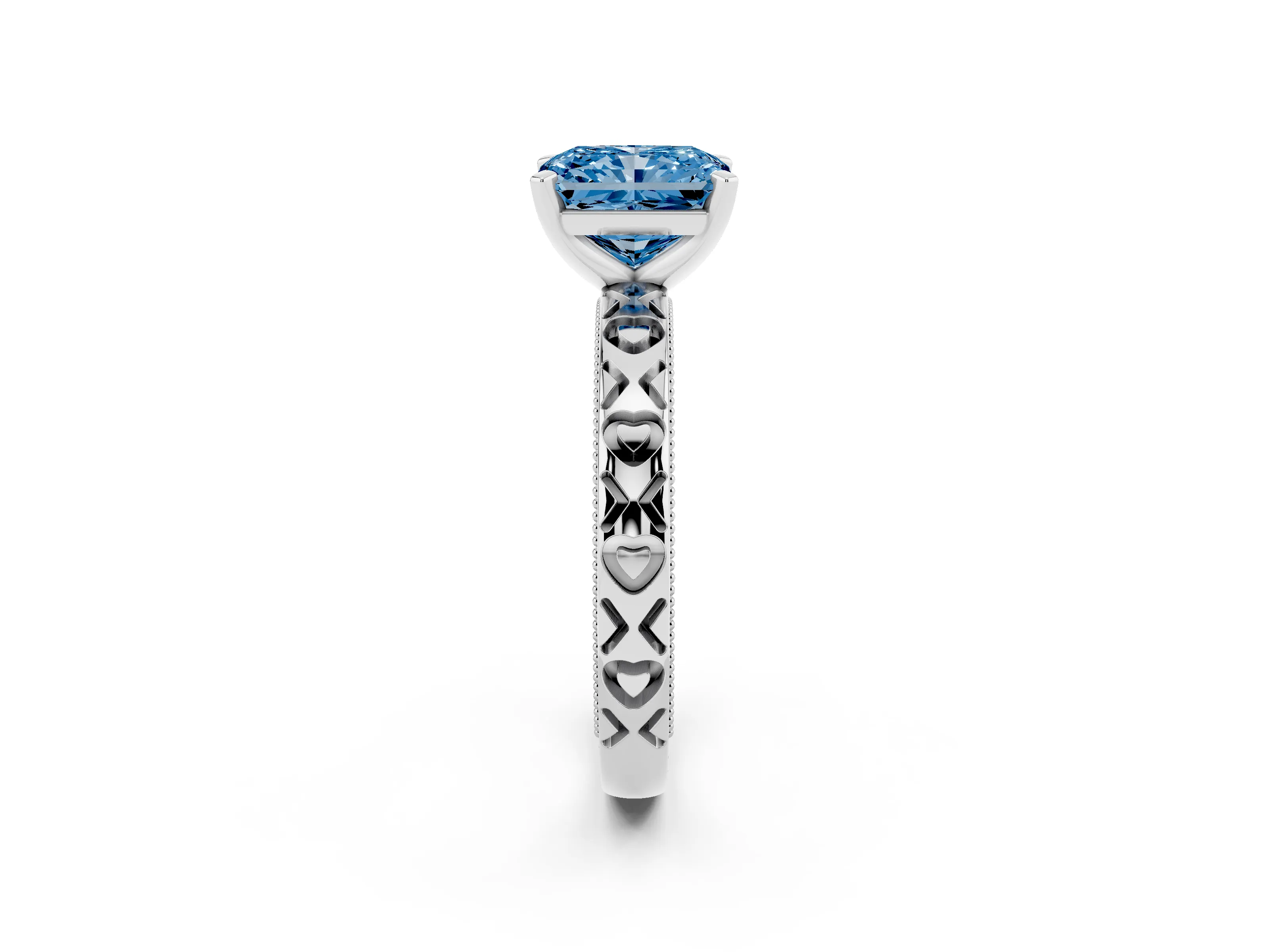 Fancy Blue Radiant Cut Diamond Solitaire Engagement Ring Set in Platinum with XO Engraved Band and Prong Setting
