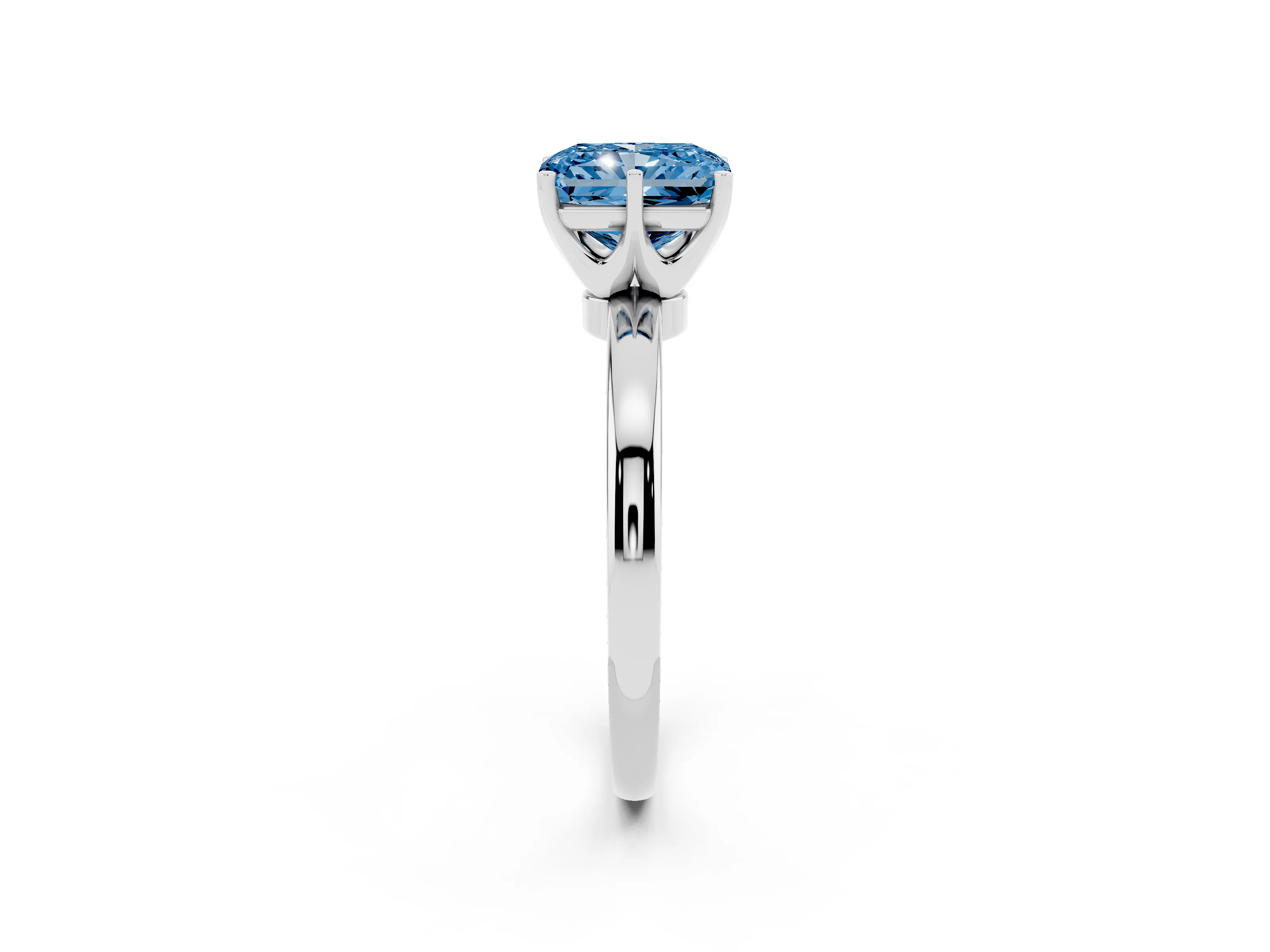 Fancy Blue Radiant Cut Diamond Solitaire Ring Set in Silver with Raised Prong Setting on a Classic Band