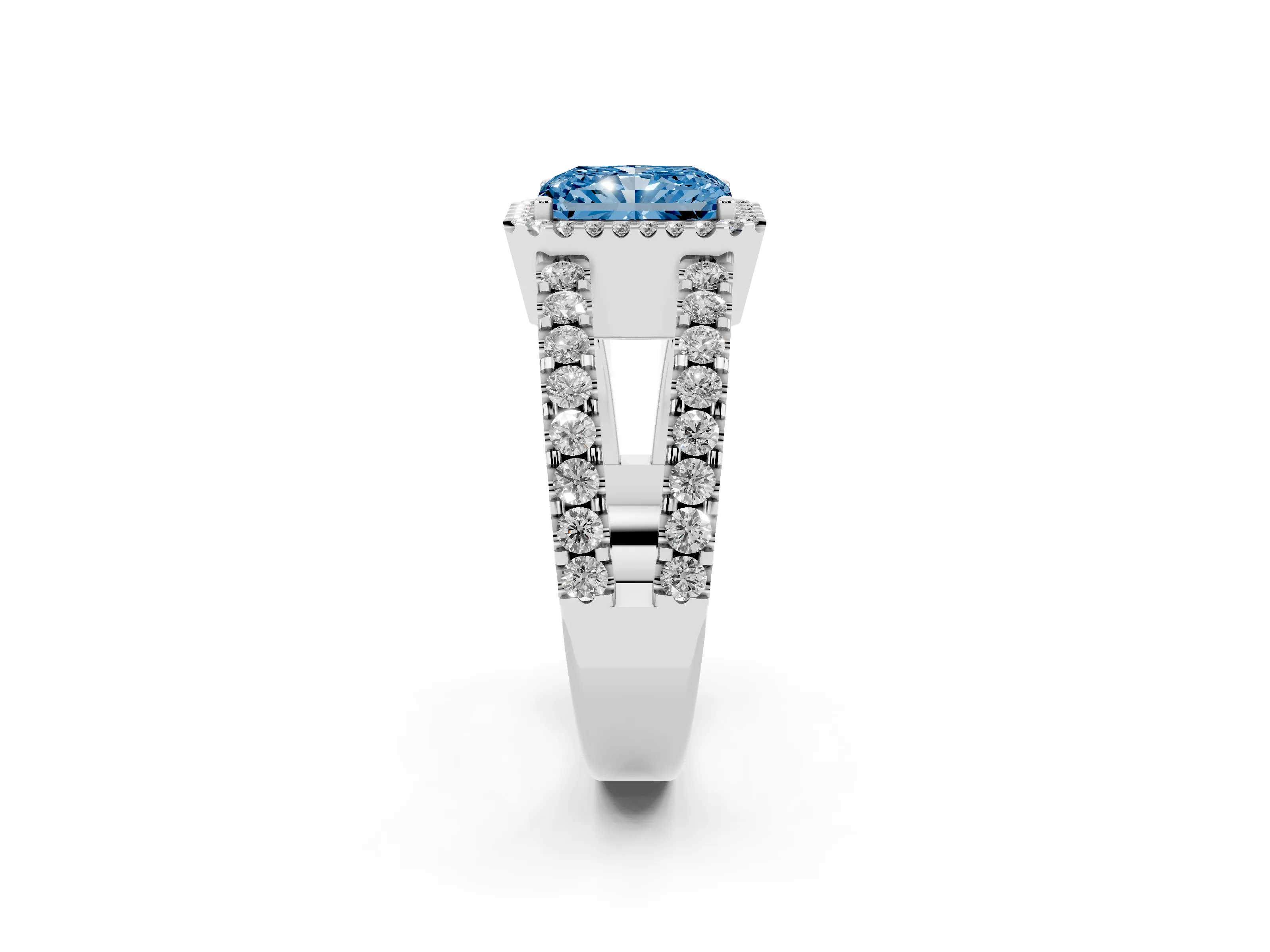 Fancy Blue Radiant Cut Diamond Halo Ring Set in Silver with Pavé Split Shank and Prong Setting