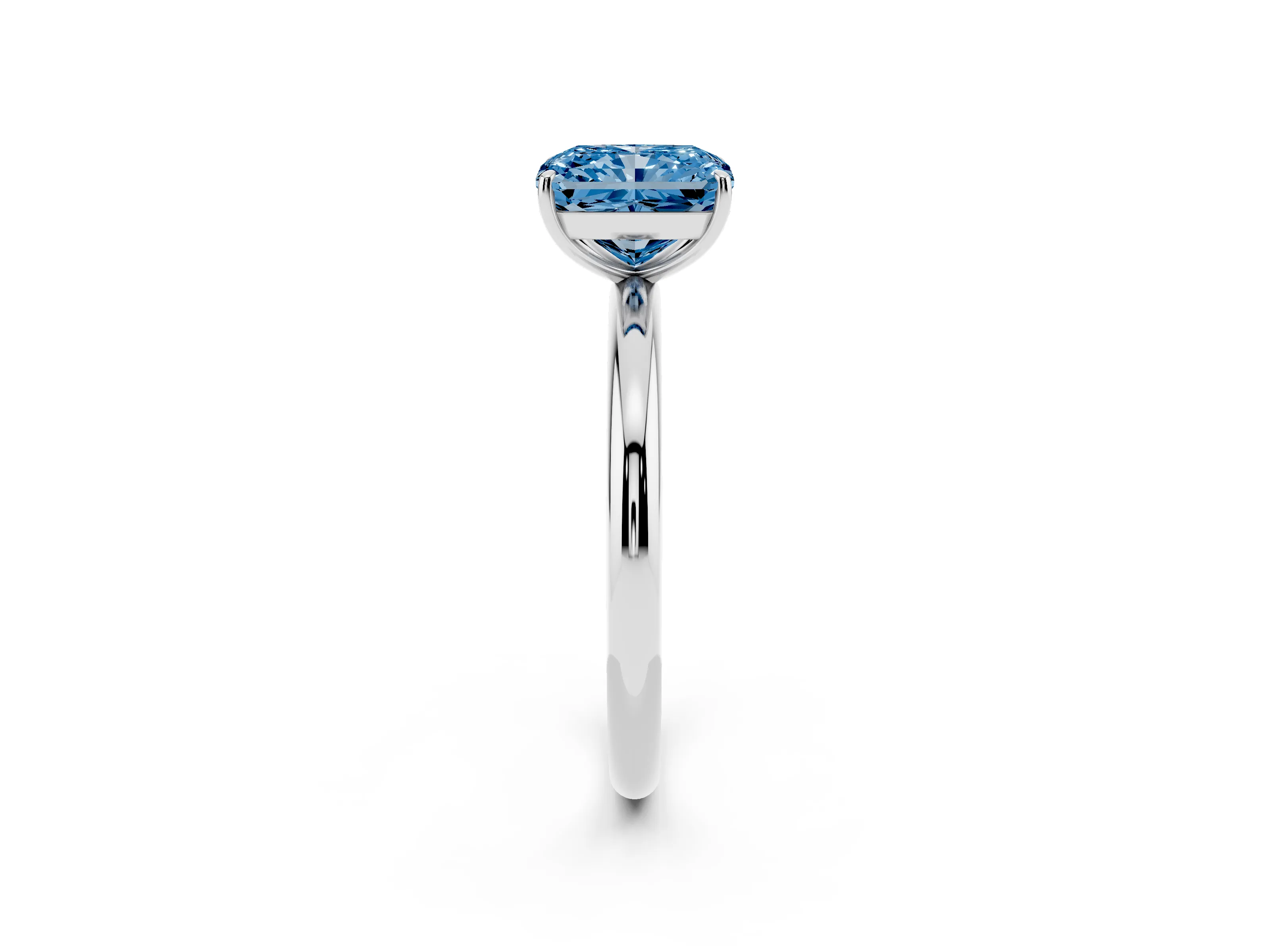 Fancy Blue Radiant Cut Diamond Solitaire Ring Set in White gold with Prong Setting on a Polished Plain Band
