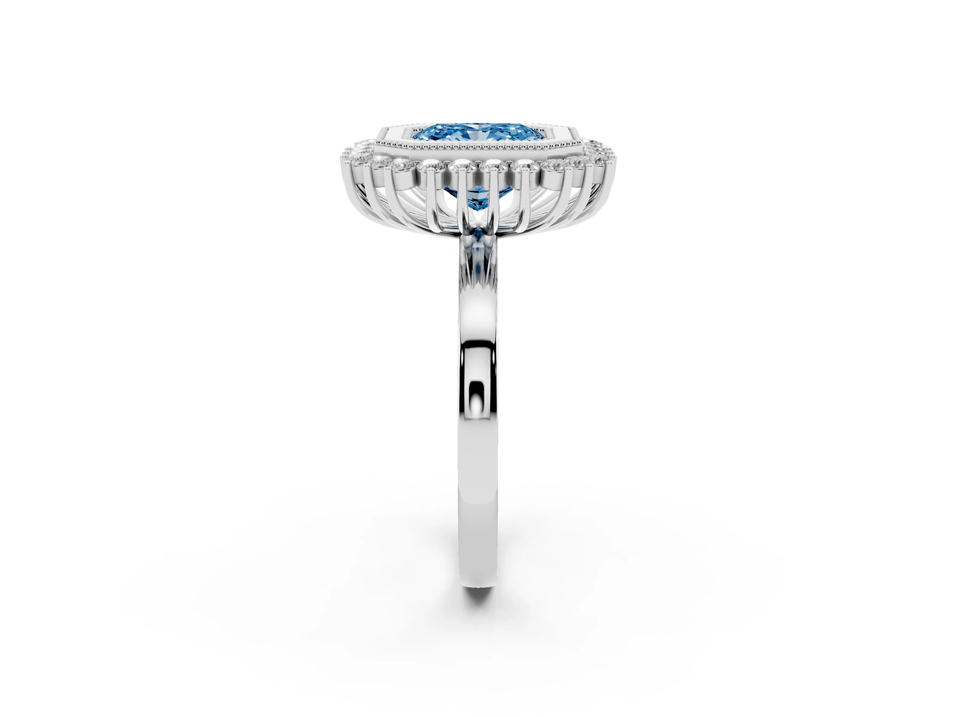Fancy Blue Radiant Cut Diamond Halo Ring Set in Silver with Milgrain Edge and Round Prong Setting