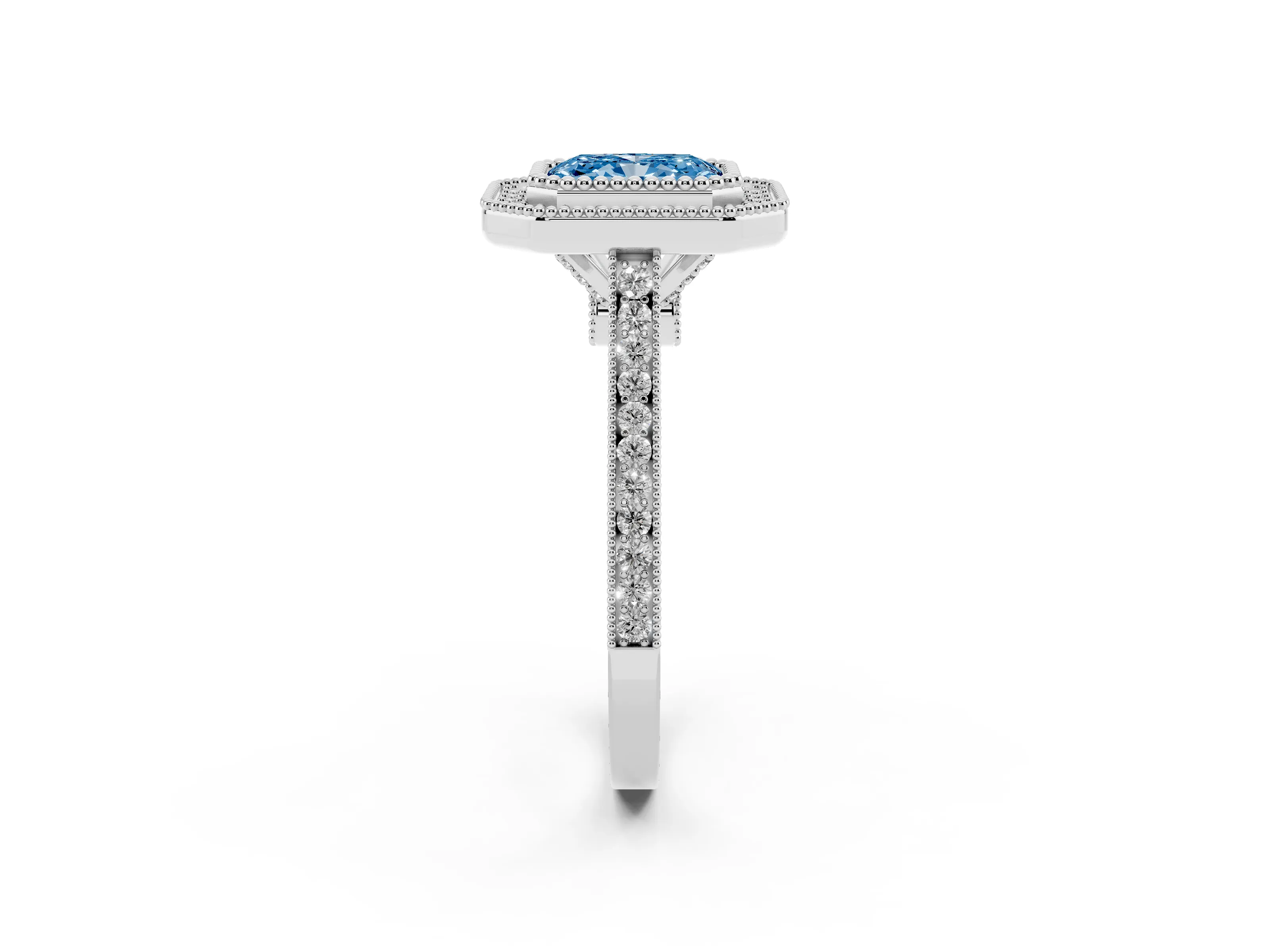 Fancy Blue Radiant Cut Diamond Halo Ring Set in White gold with Milgrain Frame and Pavé Band