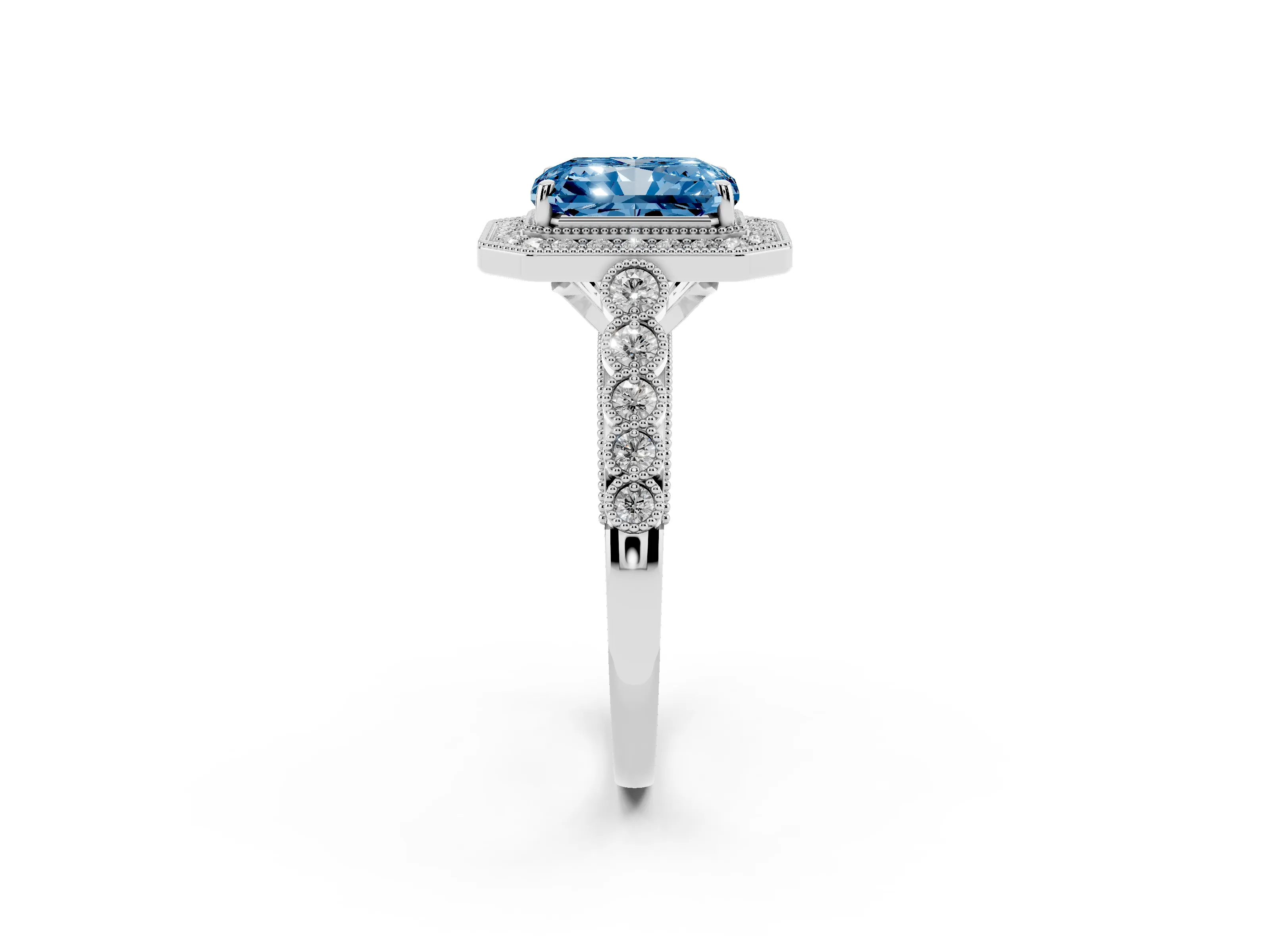 Fancy Blue Radiant Cut Diamond Milgrain Halo Solitaire Ring Set in Platinum with Bezel Set Side Stones and Pavé Band