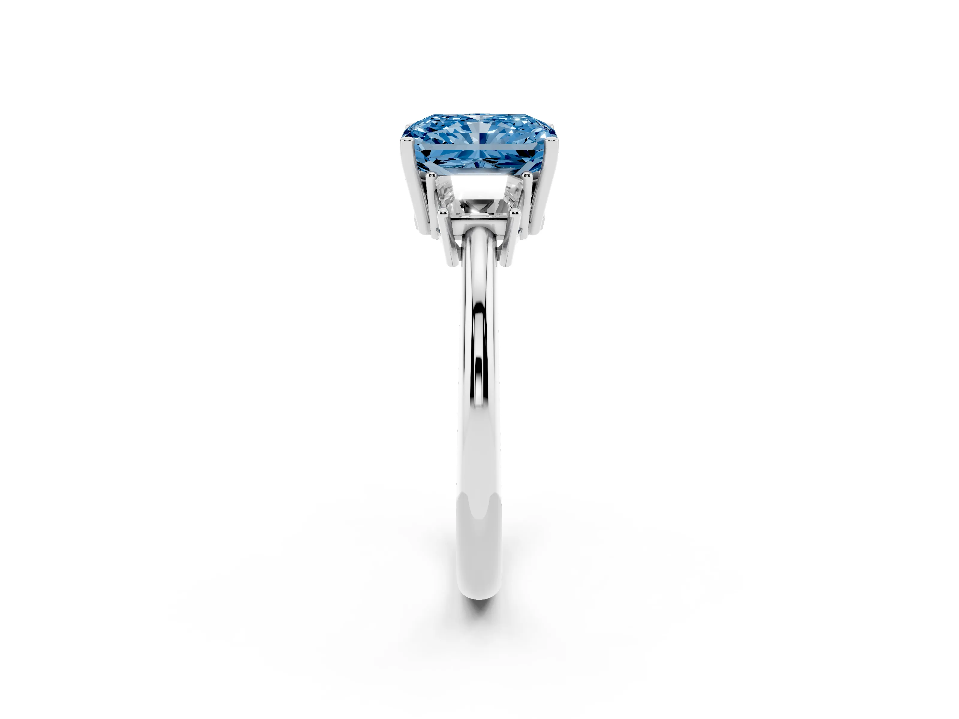 Fancy Blue Radiant Cut Diamond Three-Stone Ring Set in Silver with Trapezoid Side Stones and Prong Setting