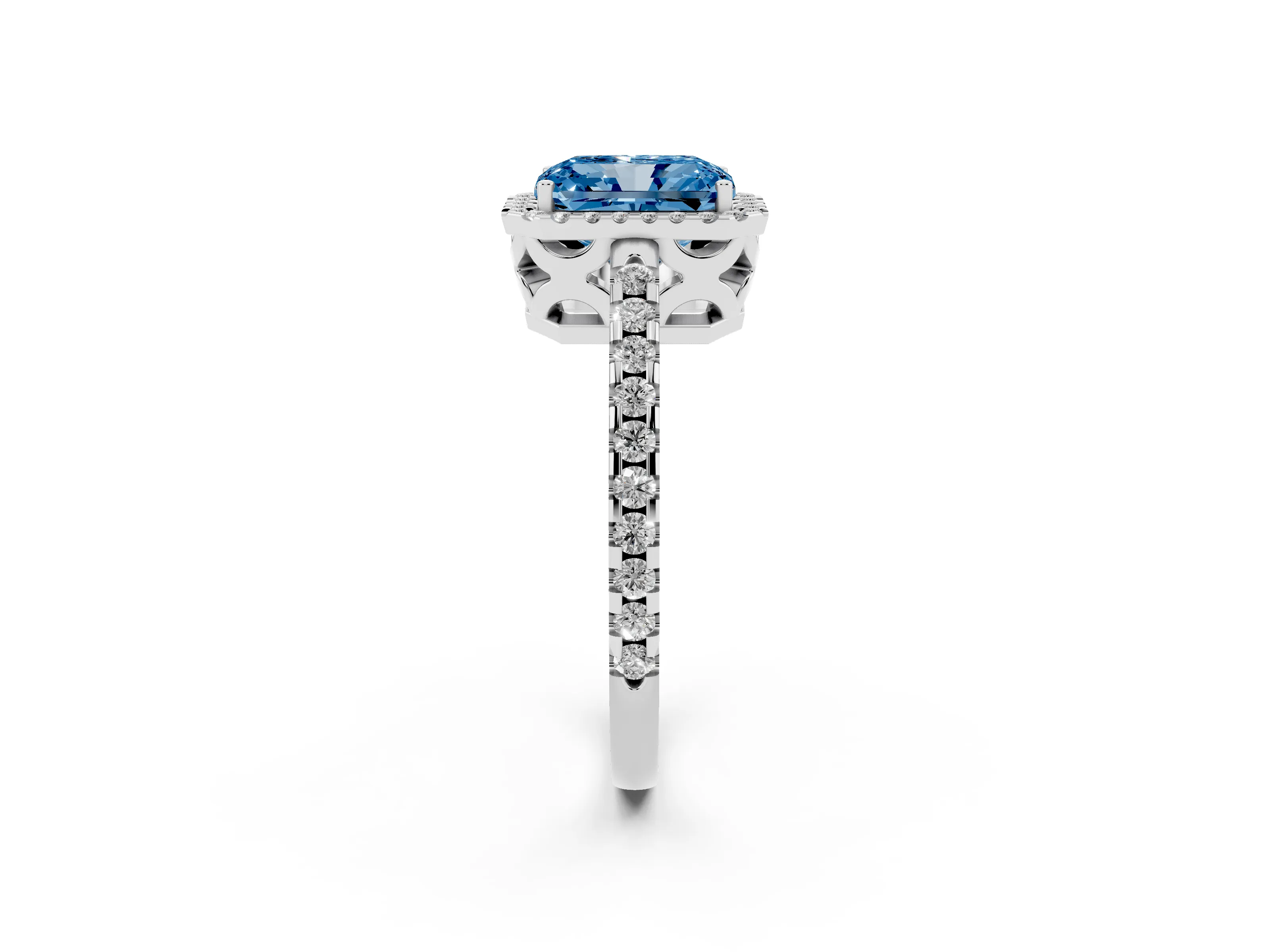 Fancy Blue Radiant Cut Diamond Halo Ring Set in Platinum with Pavé Shoulders and Halo-Framed Center