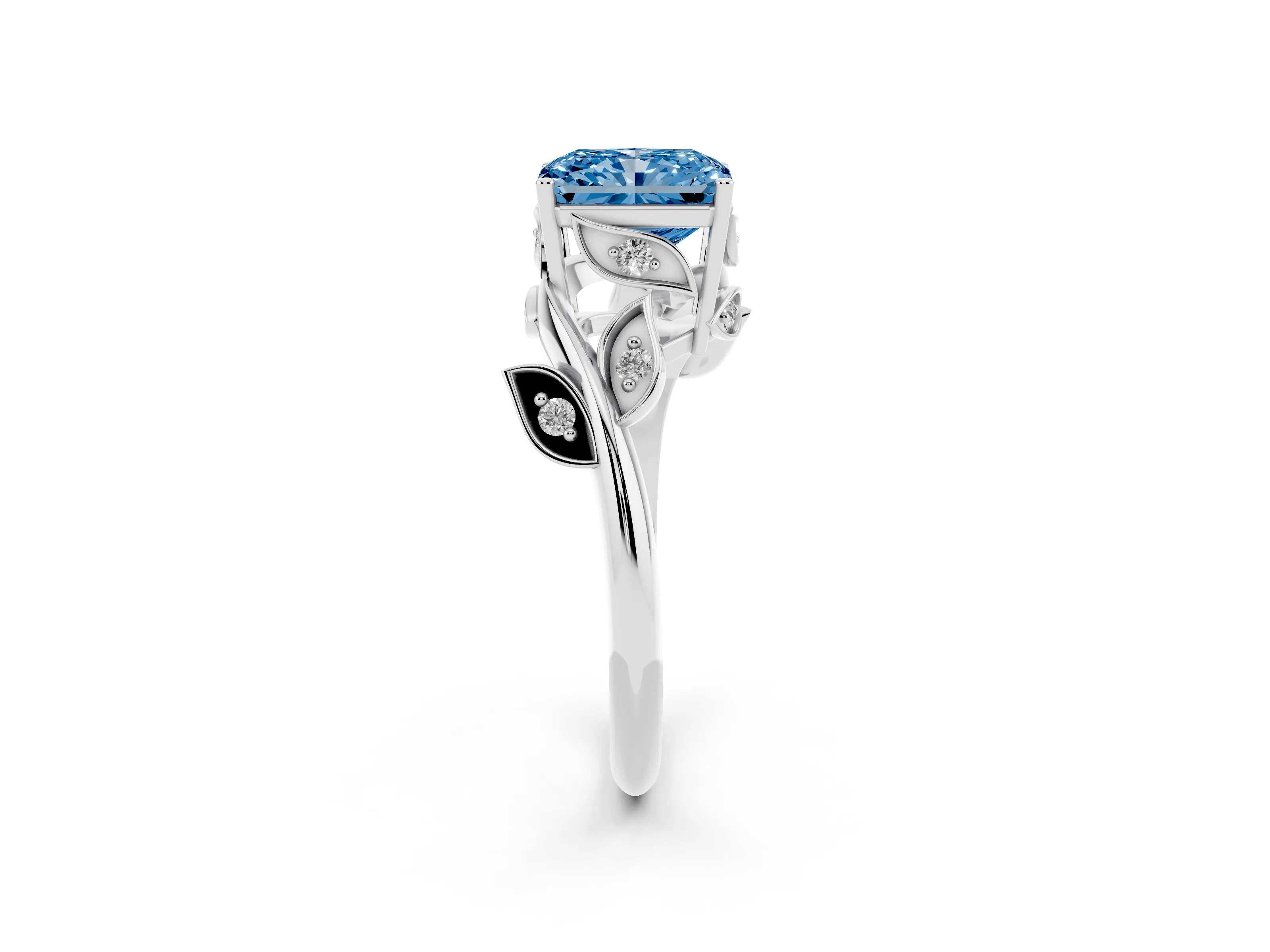 Fancy Blue Radiant Cut Diamond Solitaire Twist Engagement Ring Set in White gold with Pavé Leaf Accents