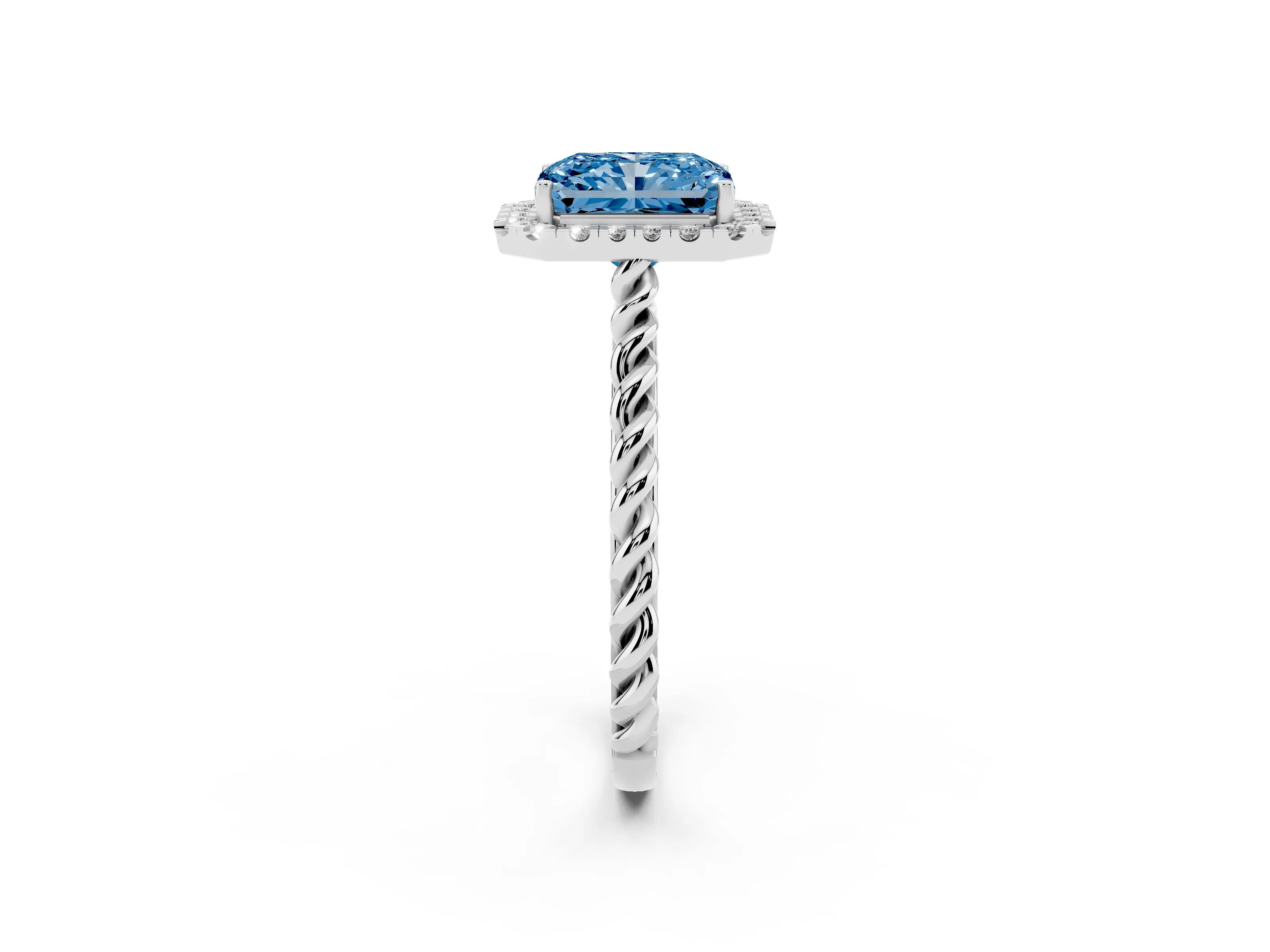 Fancy Blue Radiant Cut Diamond Halo Ring Set in Silver with Plain Twisted Band