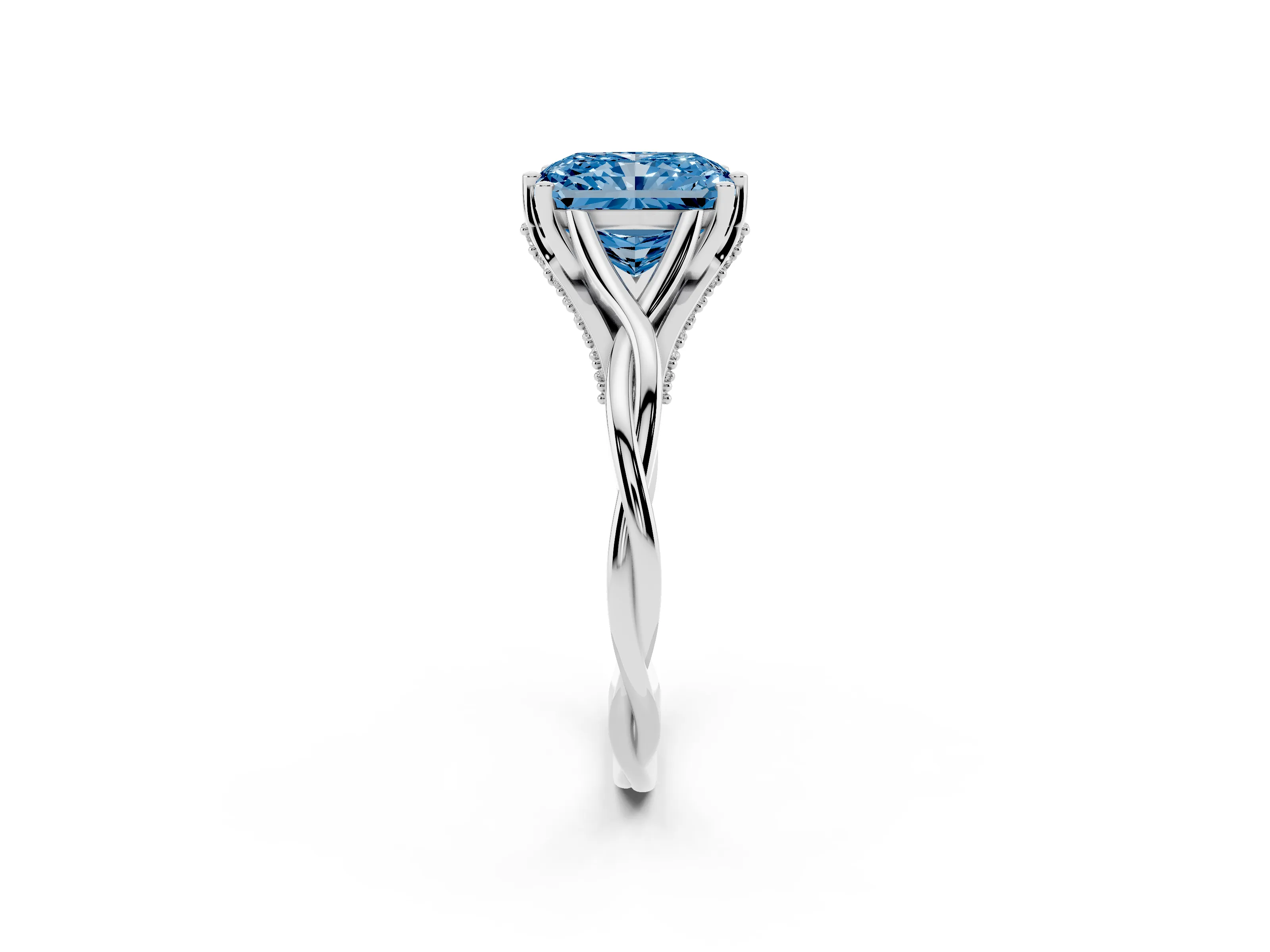 Fancy Blue Radiant Cut Diamond Intertwined Twist Band Solitaire Ring Set in White gold with Prong Setting