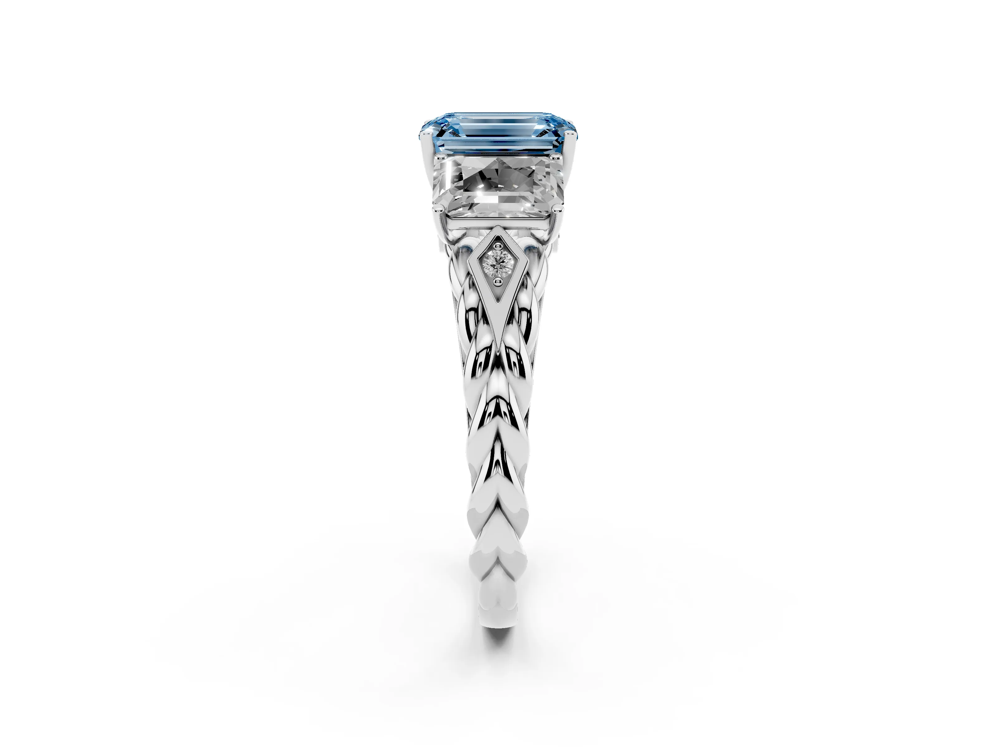Fancy Blue Radiant Cut Diamond Three-Stone Ring Set in Silver with Braided Band
