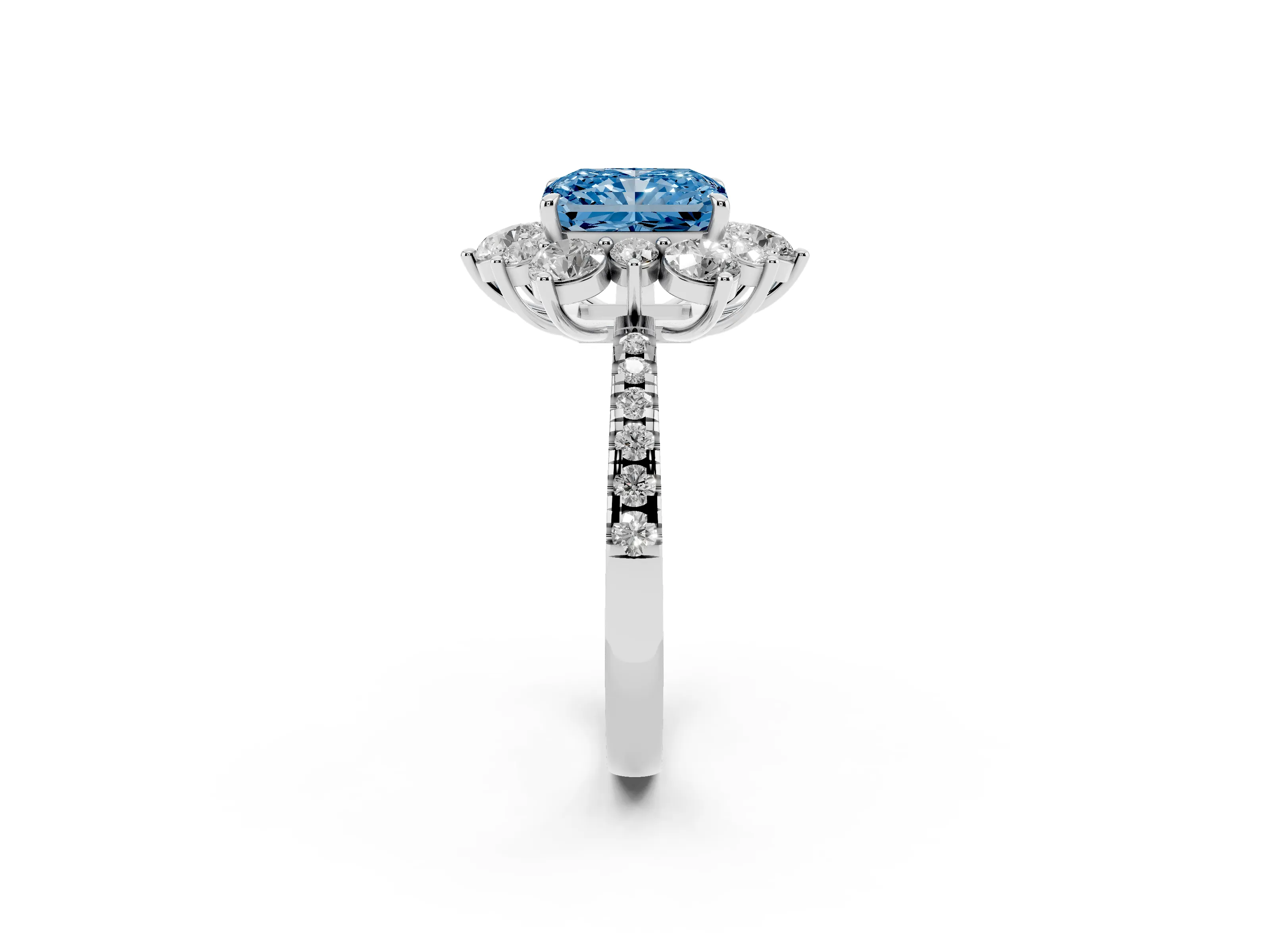 Fancy Blue Radiant Cut Diamond Floral Halo Ring Set in Silver with Round Pavé Band and Prong Setting