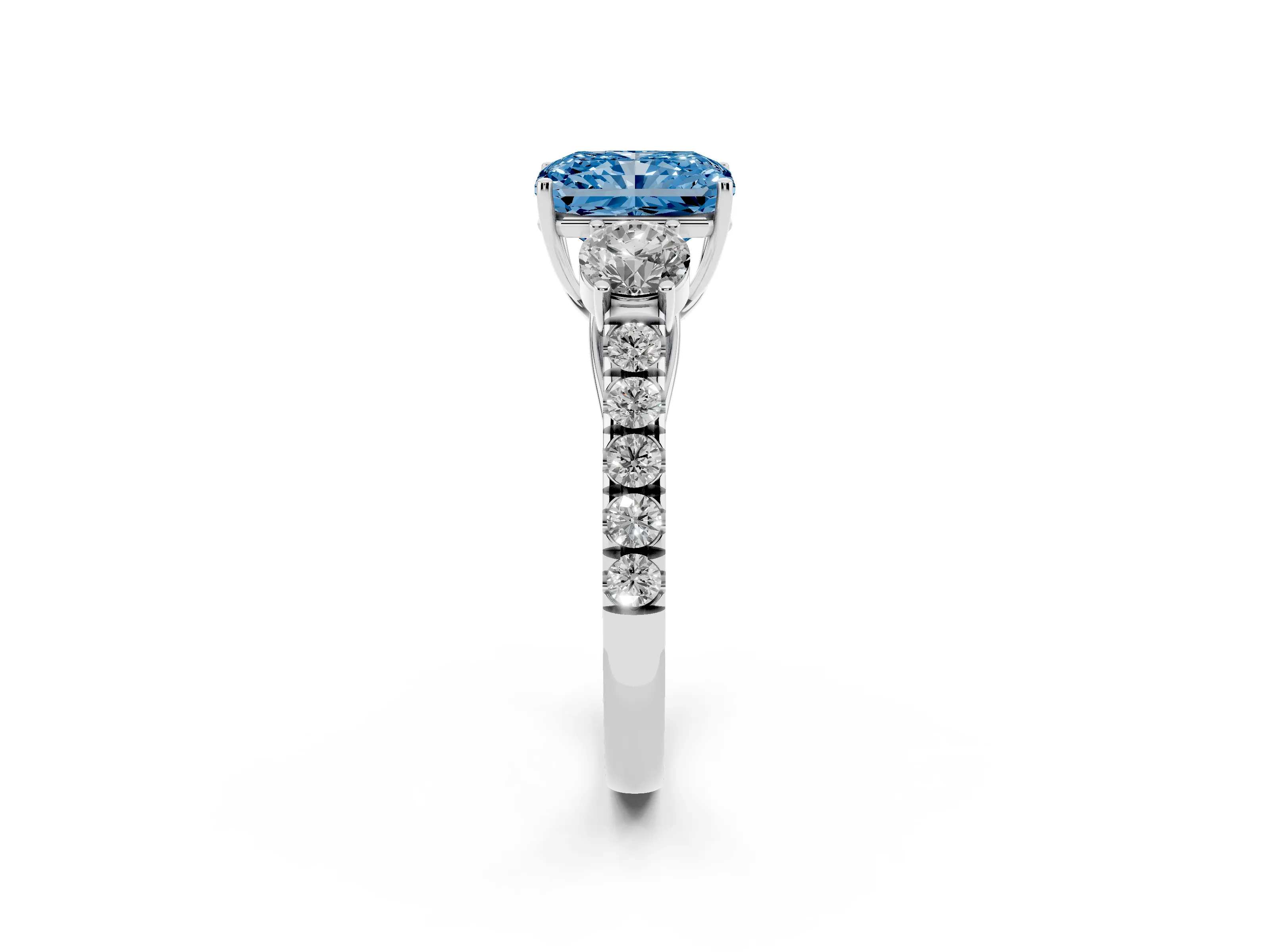 Fancy Blue Radiant Cut Diamond Three-Stone Ring Set in Silver with Round Side Stones and Delicate Pavé Band