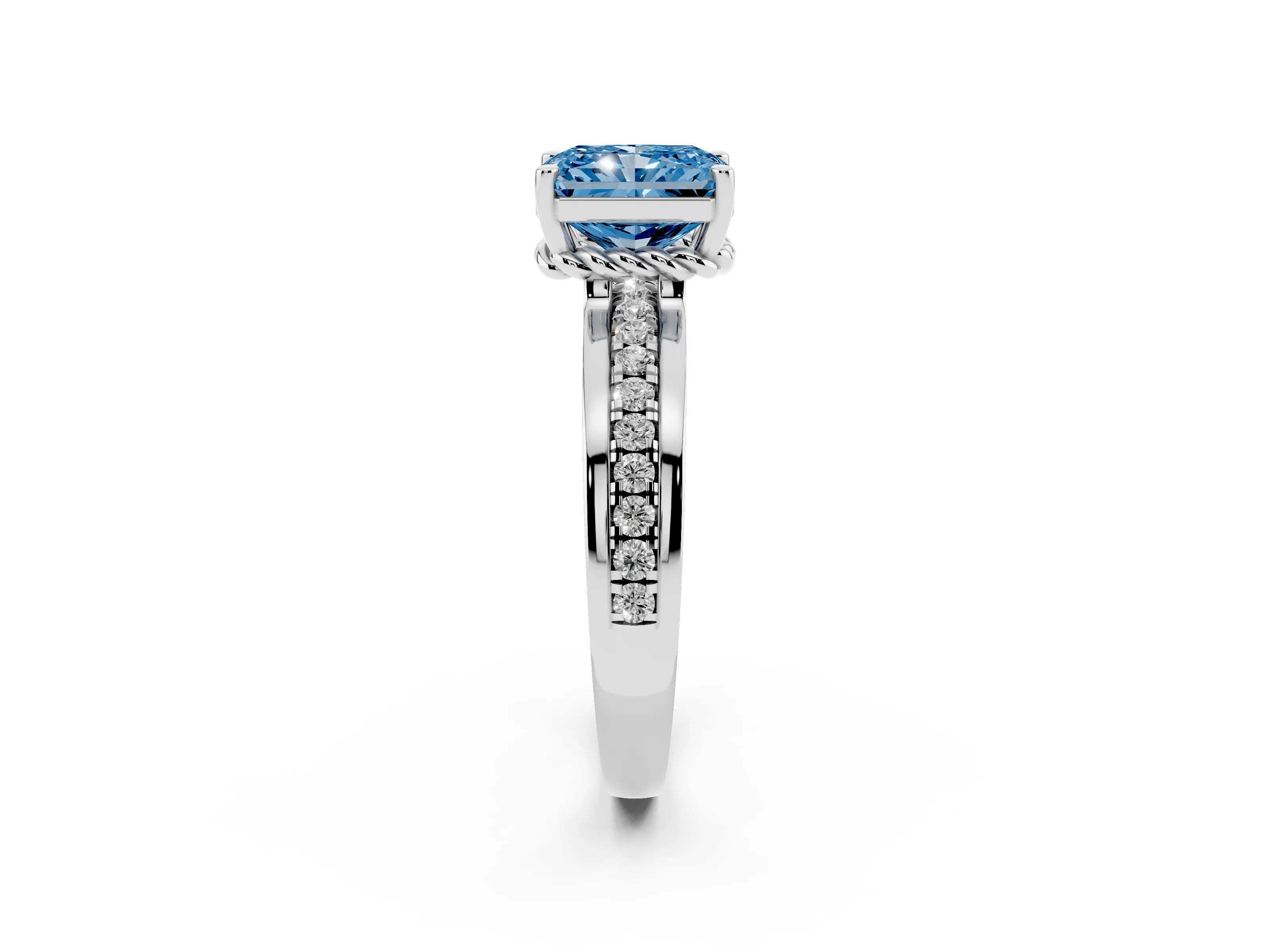 Fancy Blue Radiant Cut Diamond Solitaire Ring Set in White gold with Channel Set Band and Prong Setting
