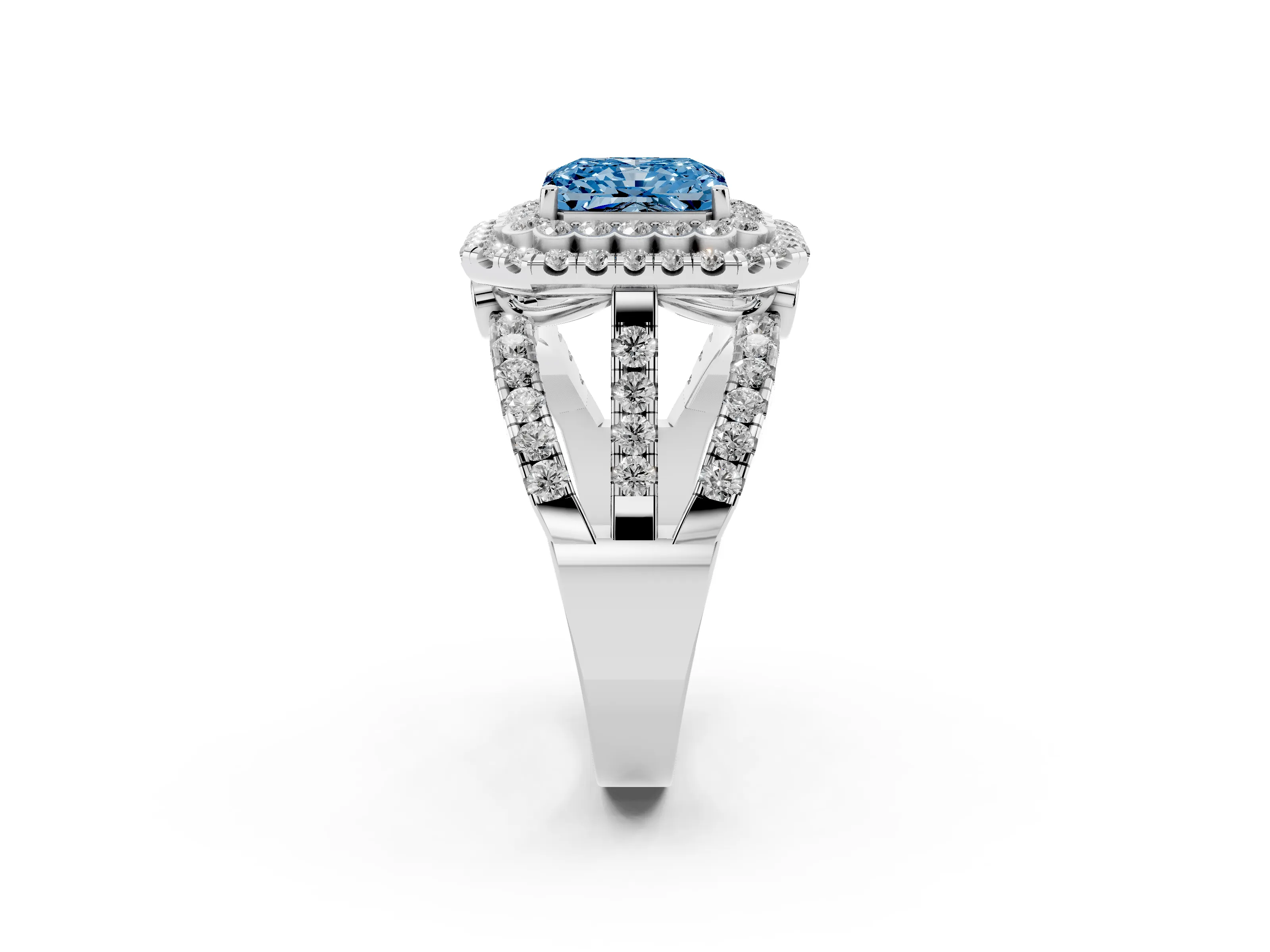 Fancy Blue Radiant Cut Diamond Double Halo Ring Set in White gold with Round Pavé Split Shank