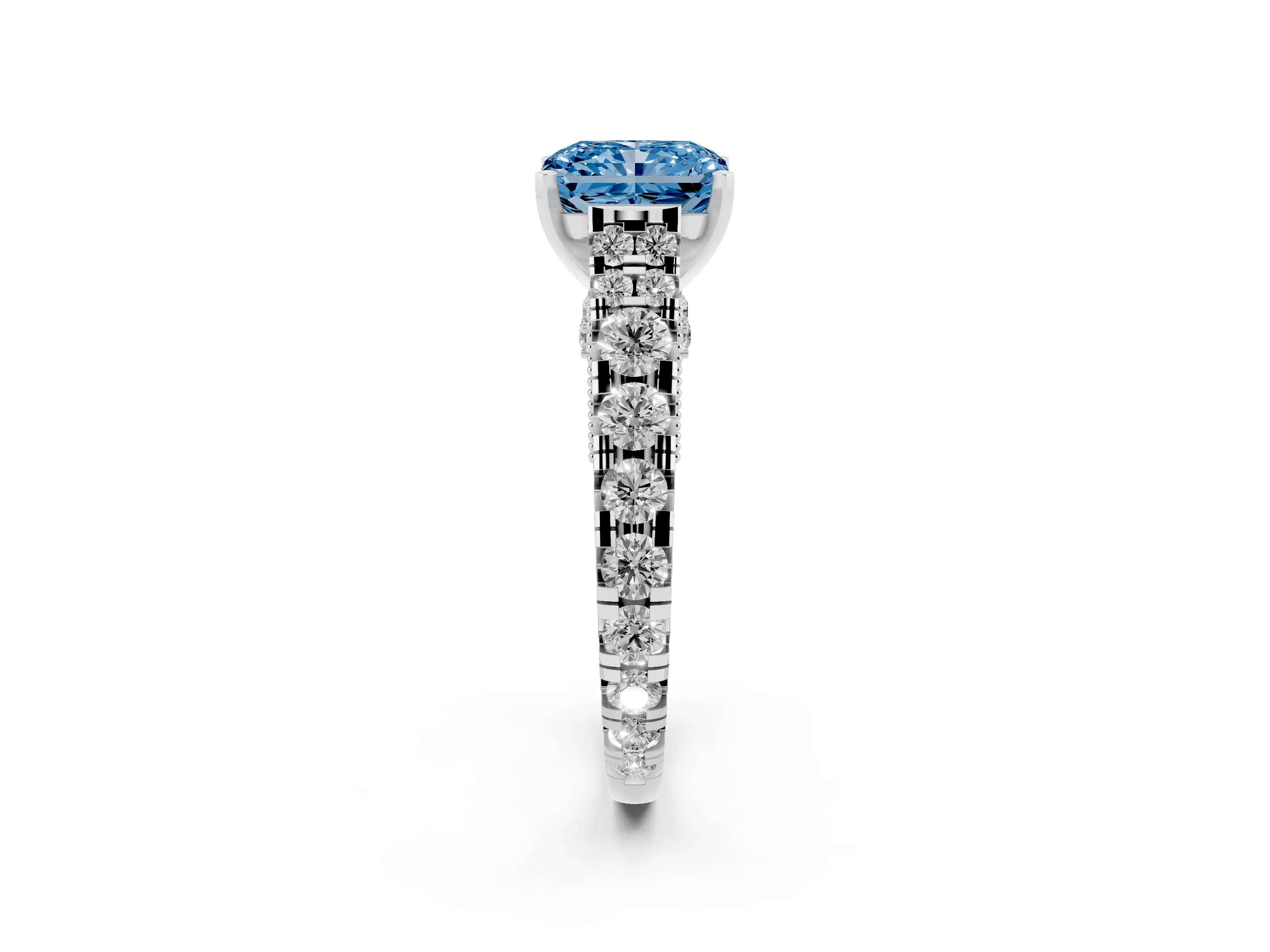 Fancy Blue Radiant Cut Diamond Classic Solitaire Ring Set in White gold with Pavé Band and Prong Setting