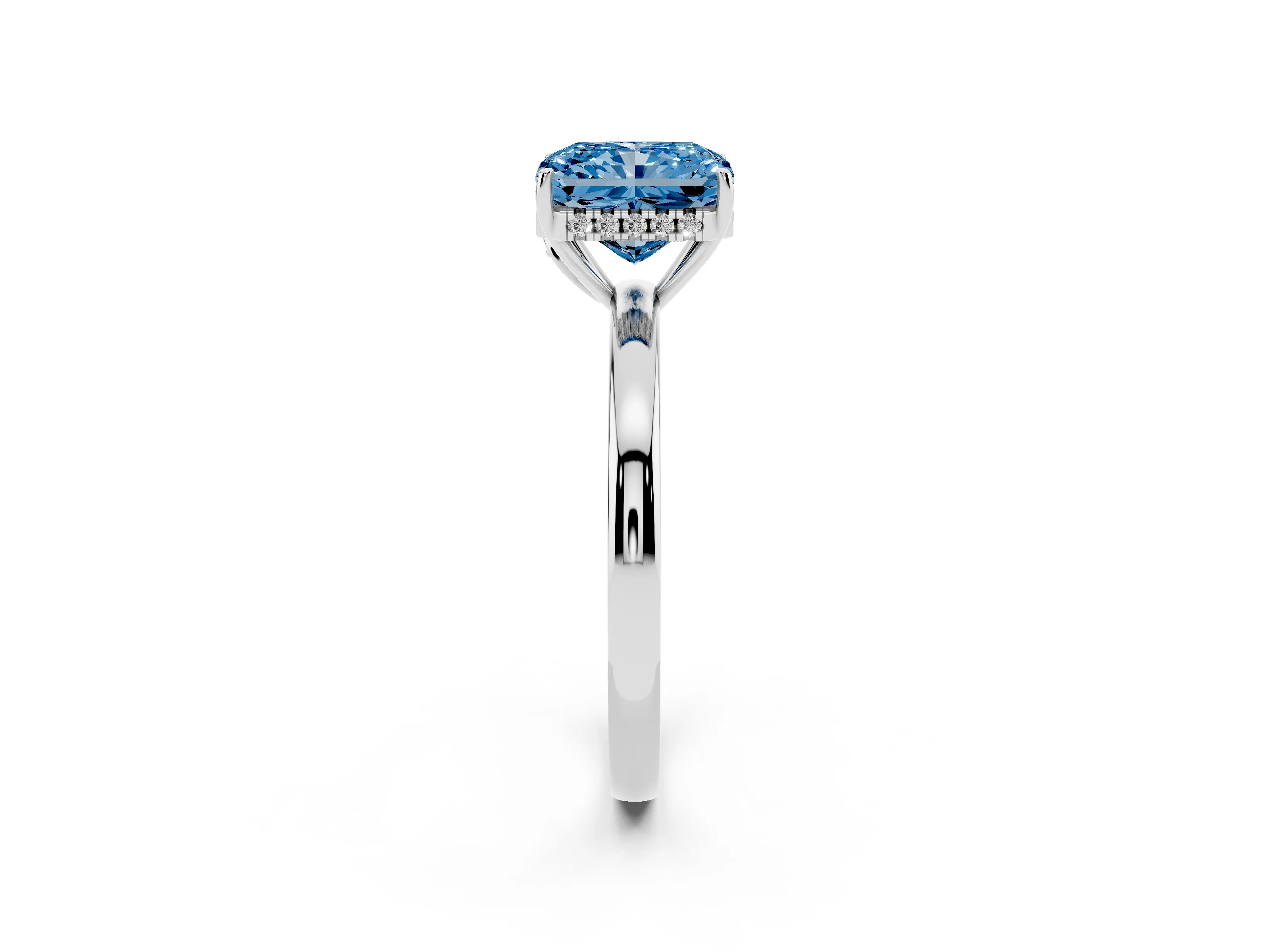 Fancy Blue Radiant Cut Diamond Solitaire Ring Set in White gold with Plain Band and Prong Setting