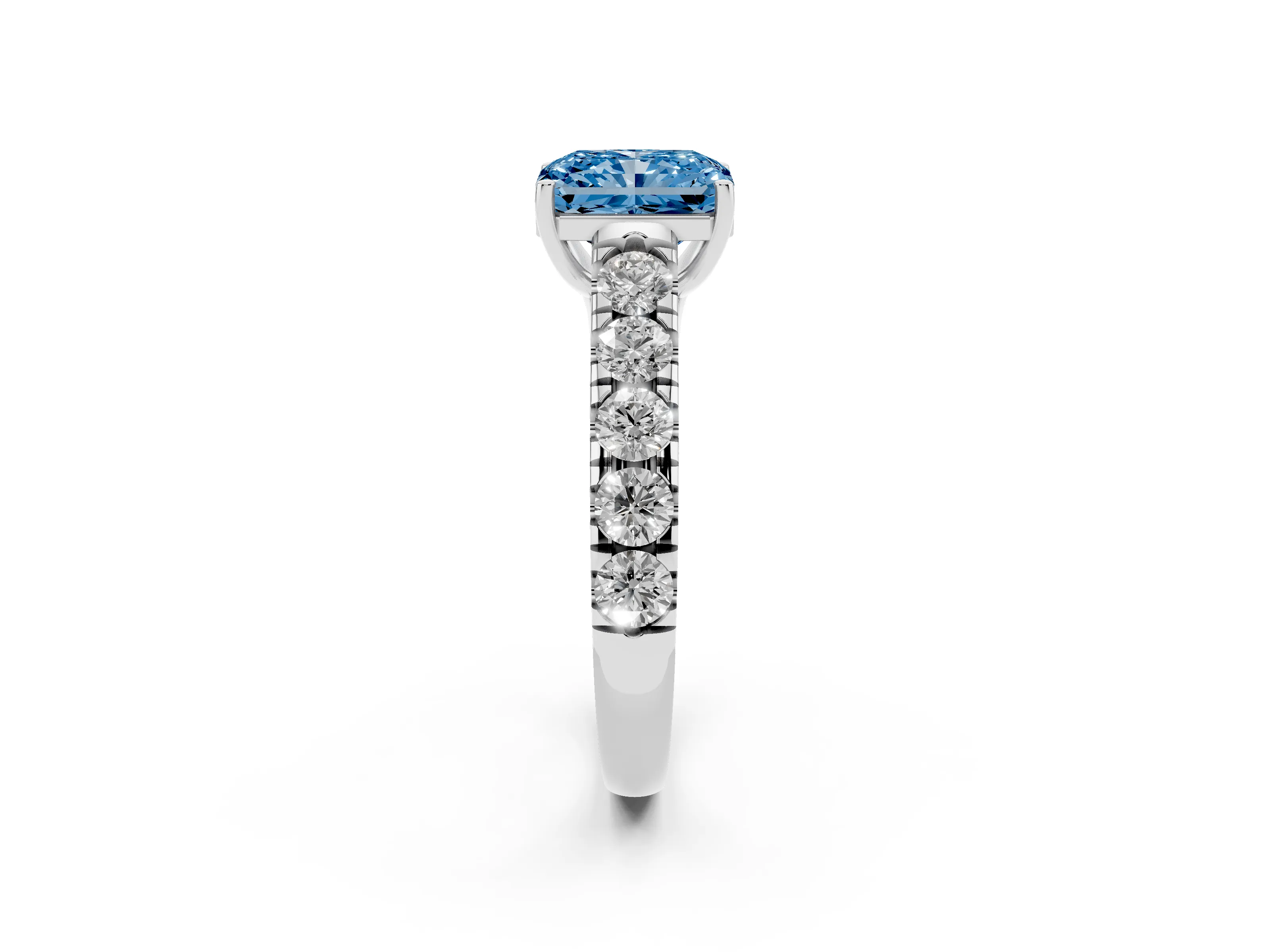Fancy Blue Radiant Cut Diamond Solitaire Ring Set in Platinum with Cut-Down Micro Pavé Band and Prong Setting