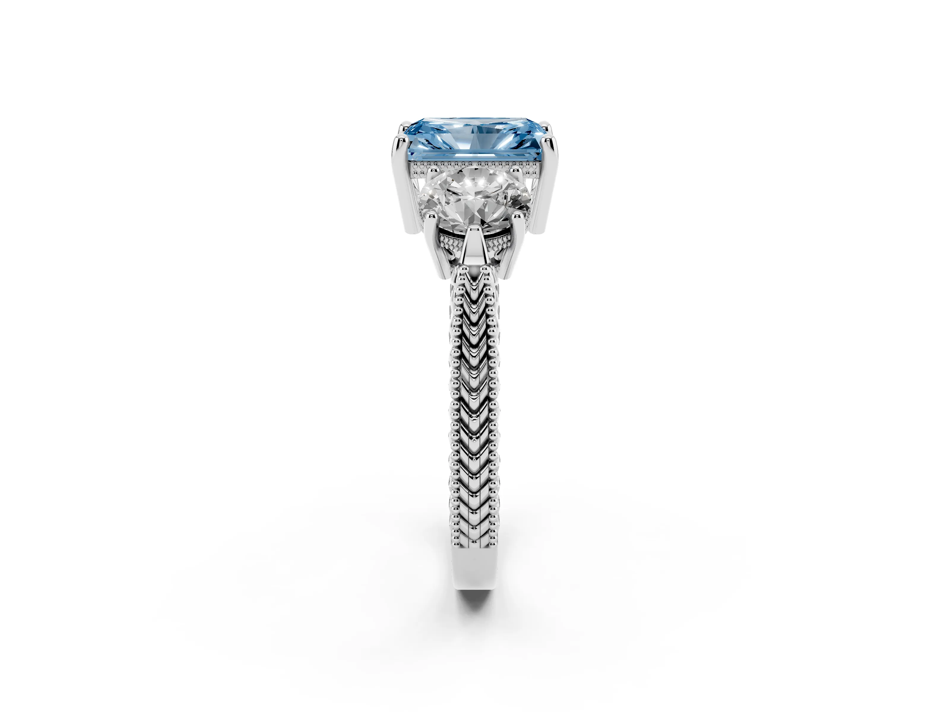 Fancy Blue Radiant Cut Diamond Three-Stone Ring Set in White gold with Milgrain Band