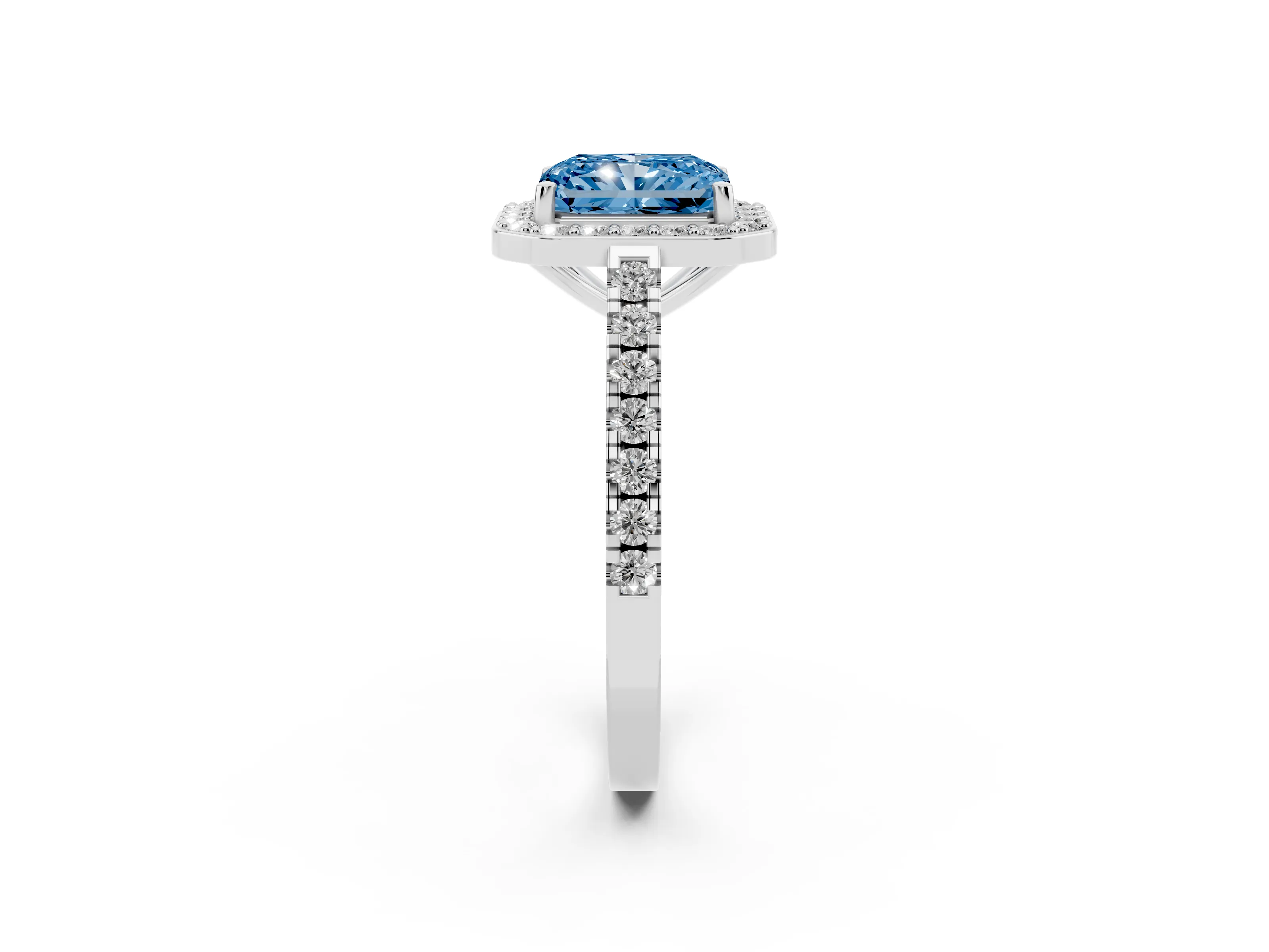 Fancy Blue Radiant Cut Diamond Halo Ring Set in Platinum with Round Pavé Split Shank and Prong Setting