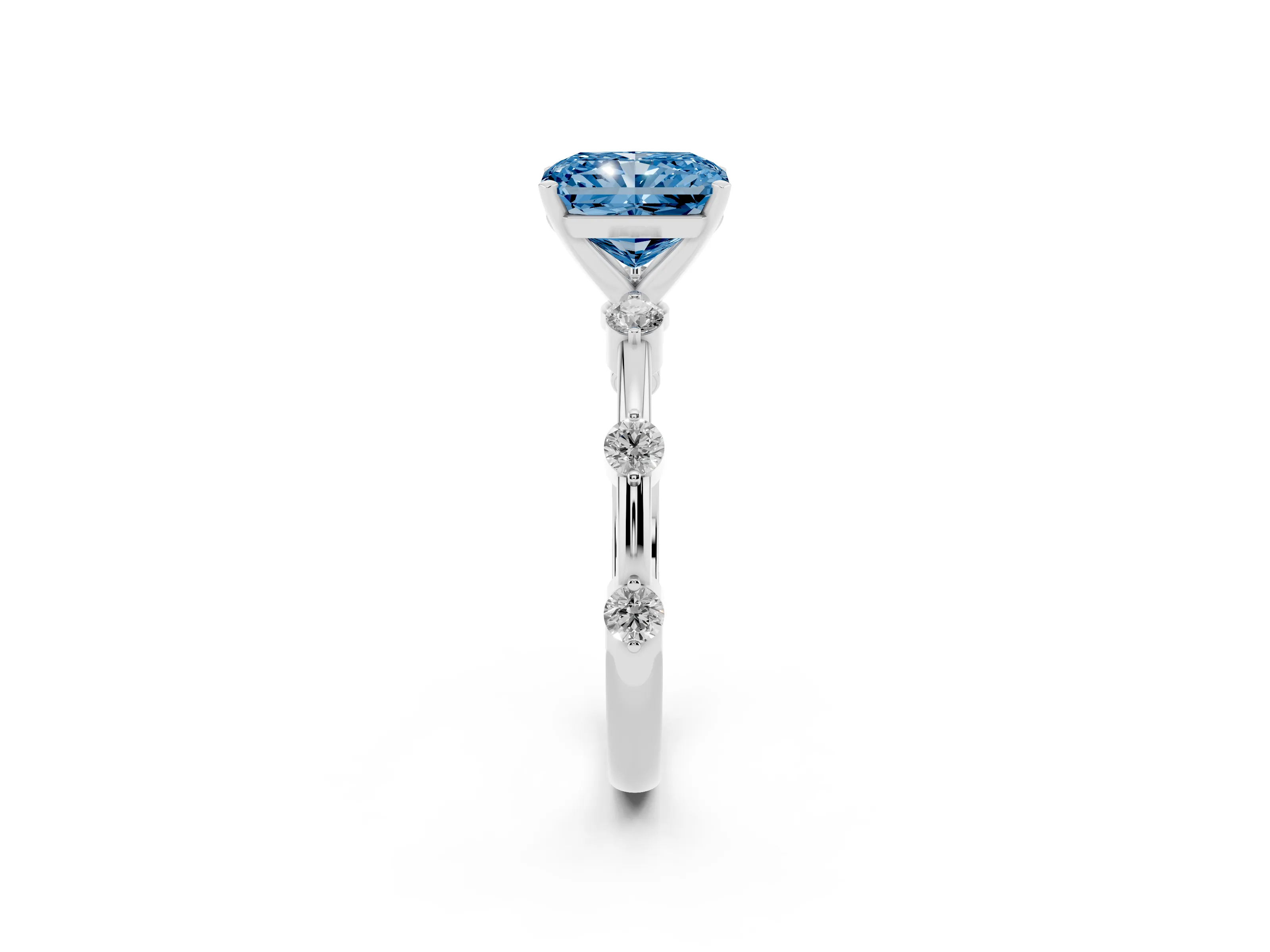 Fancy Blue Radiant Cut Diamond Solitaire Ring Set in Silver with Bezel Set Side Stones and Prong Setting