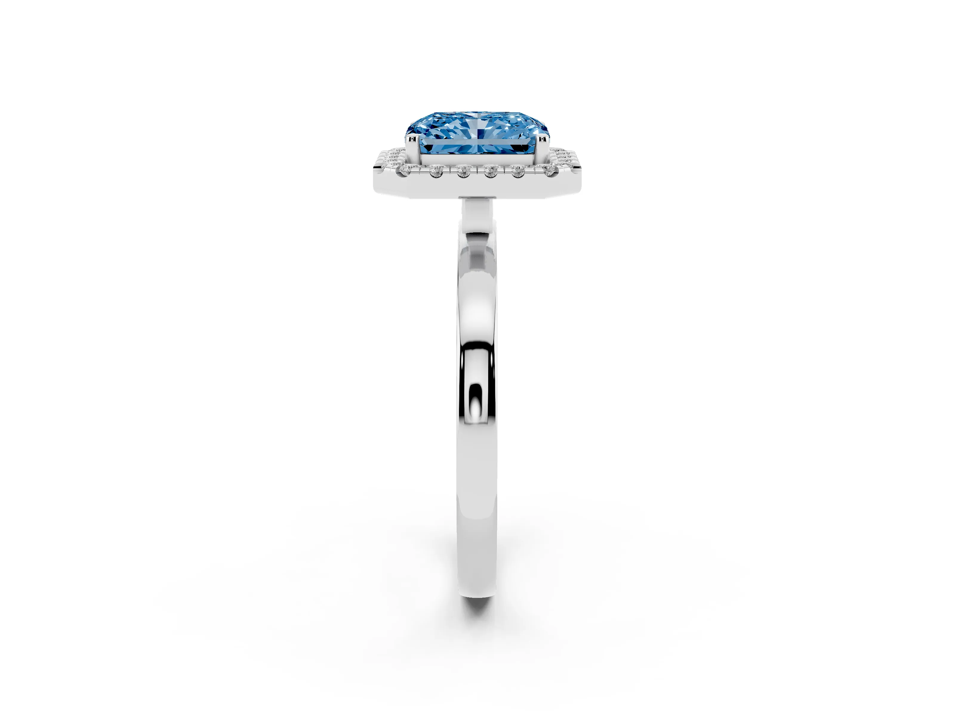 Fancy Blue Radiant Cut Diamond Halo Solitaire Ring Set in Silver with Pavé Band and Prong Setting