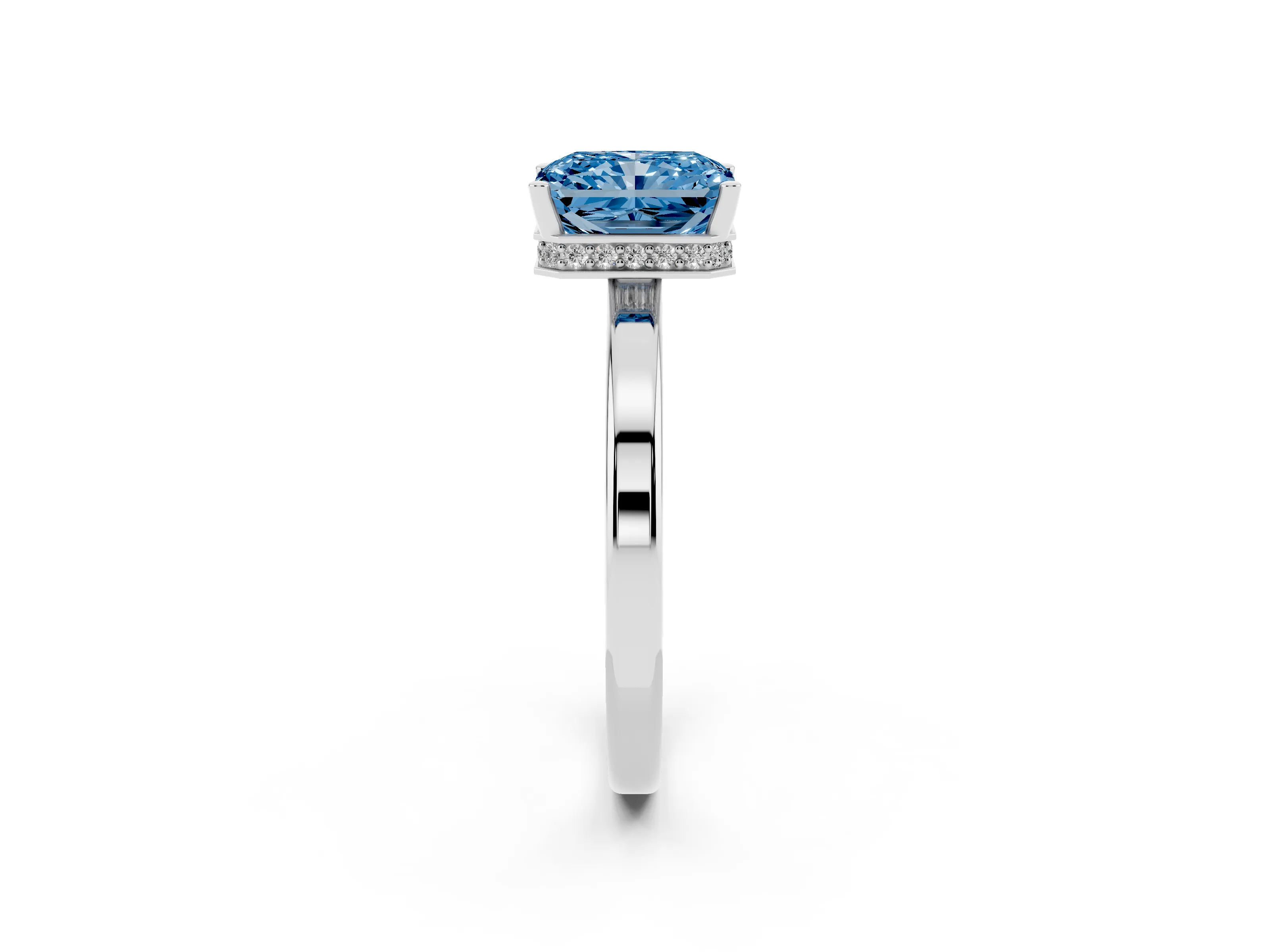 Fancy Blue Radiant Cut Diamond Solitaire Engagement Ring Set in Silver with Prong Setting on a Plain Band