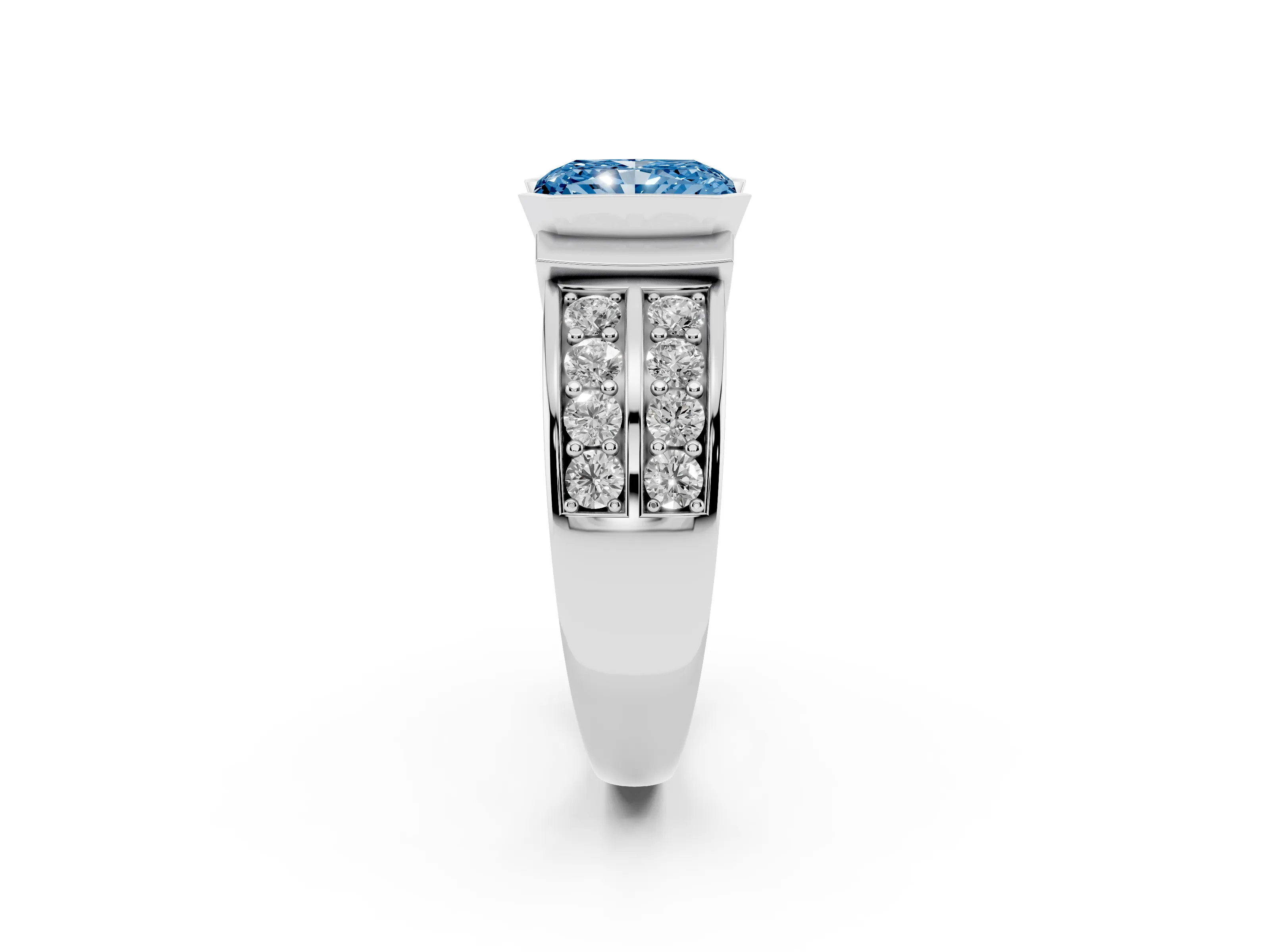 Fancy Blue Radiant Cut Diamond Wide Channel Set Band Ring Set in White gold with Bezel Setting