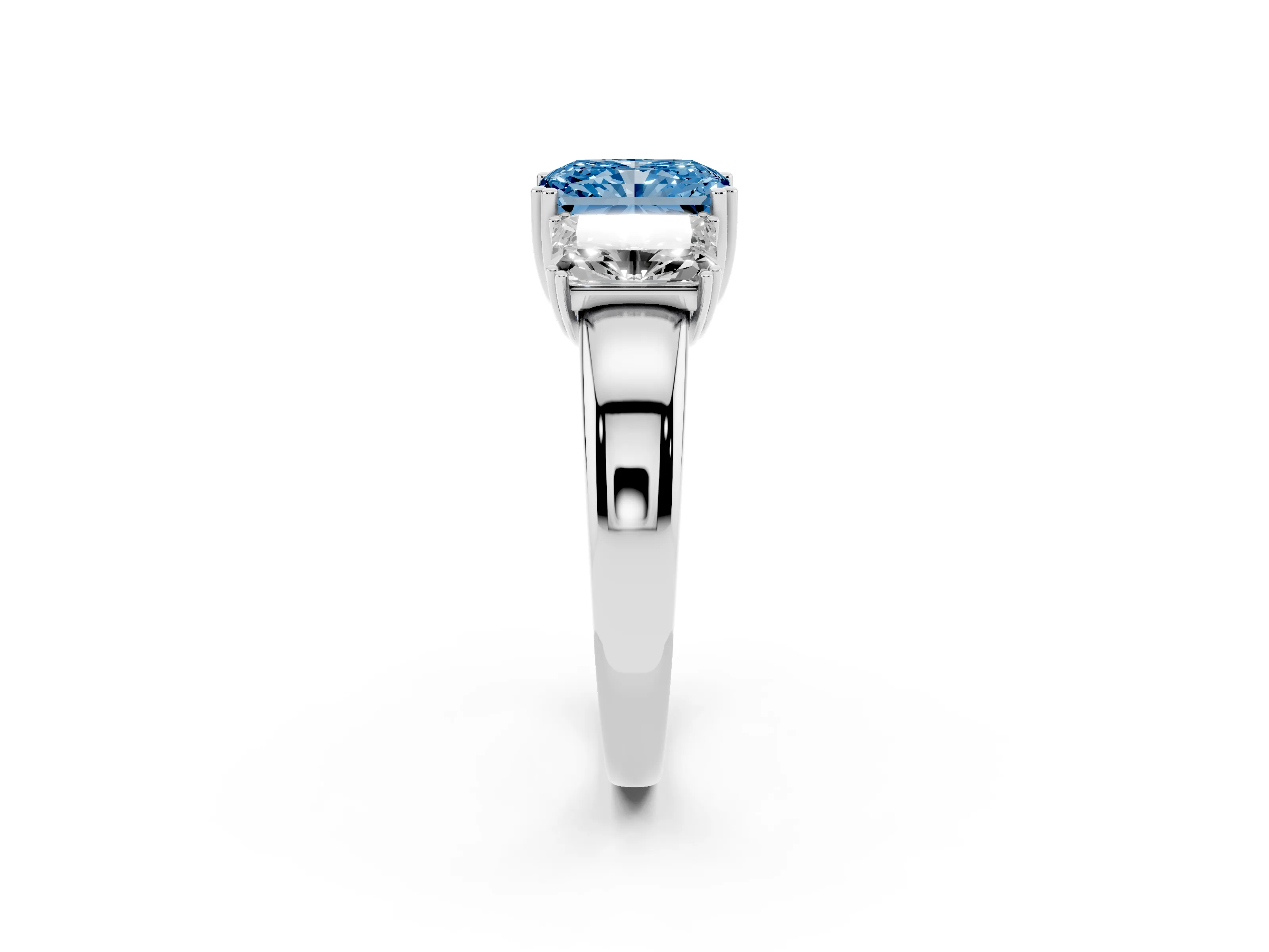 Fancy Blue Radiant Cut Diamond Three-Stone Ring Set in Platinum with Polished Channel-Set Band