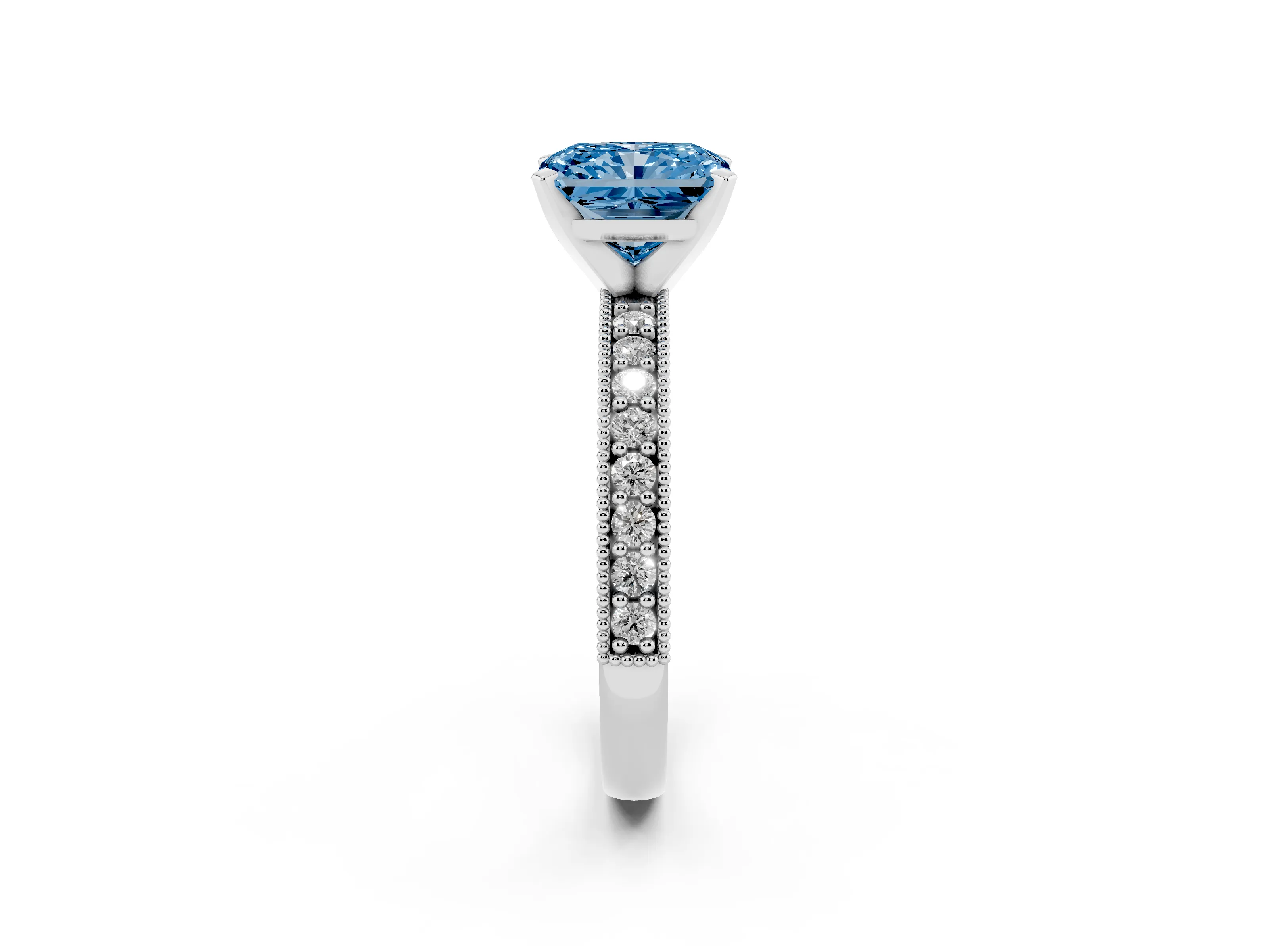 Fancy Blue Radiant Cut Diamond Milgrain Pavé Engagement Ring Set in White gold with Prong Setting